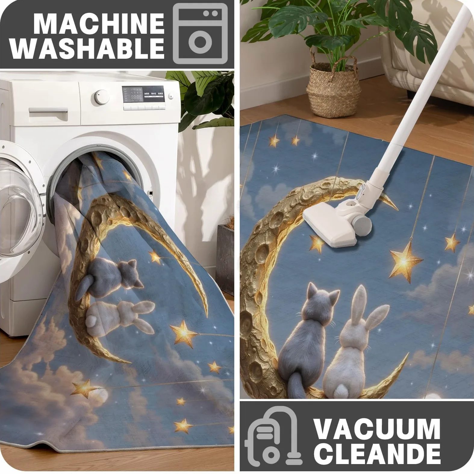 Tappeto Fiabe curative Tappeto Rotondo Antiscivolo | Tappeti Gatto Coniglio Luna 0 in Lana Sintetica Tappeti Morbido e Accogliente per Soggiorno,Cameretta e Studio 160cm