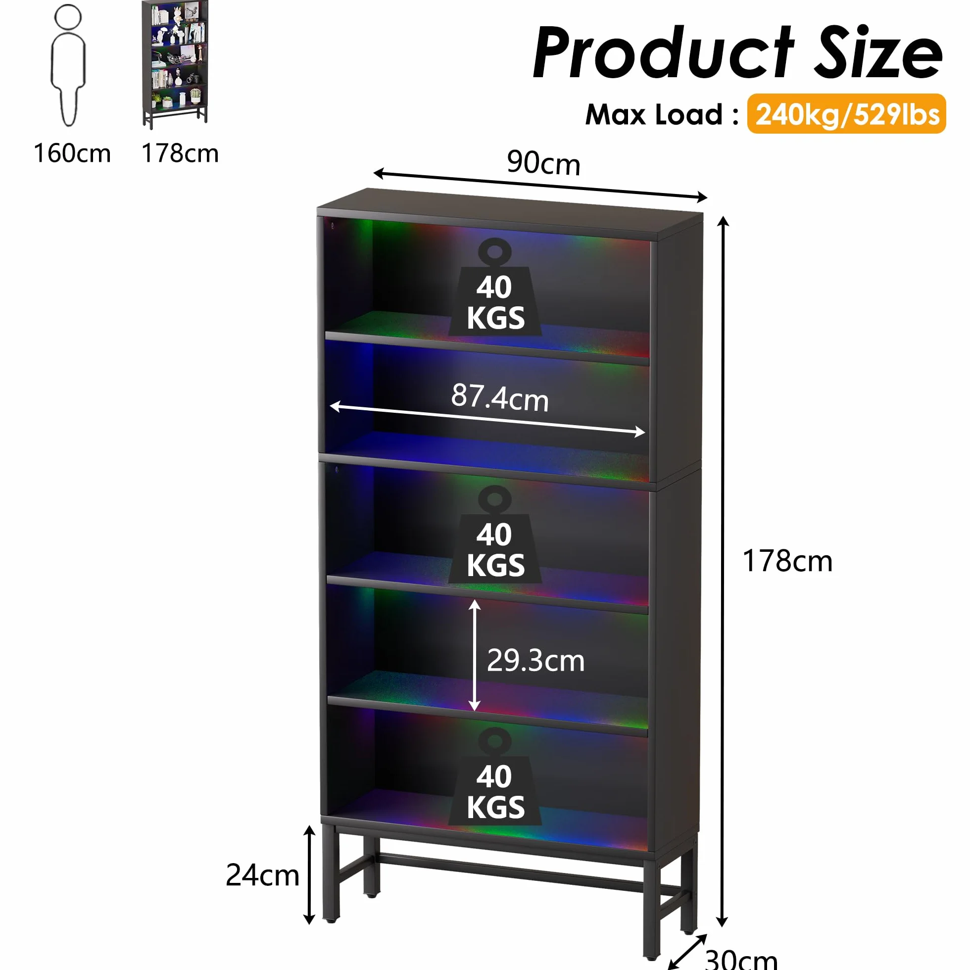 Vetrinetta Espositiva Mobile vetrina con illuminazione a LED Armadio da Collezione a 5 Strati Moderna Mobile Vetrina Vetrina Soggiorno per Statuette, Salotto, Bar,Camera da letto e Ufficio 90*30*178CM