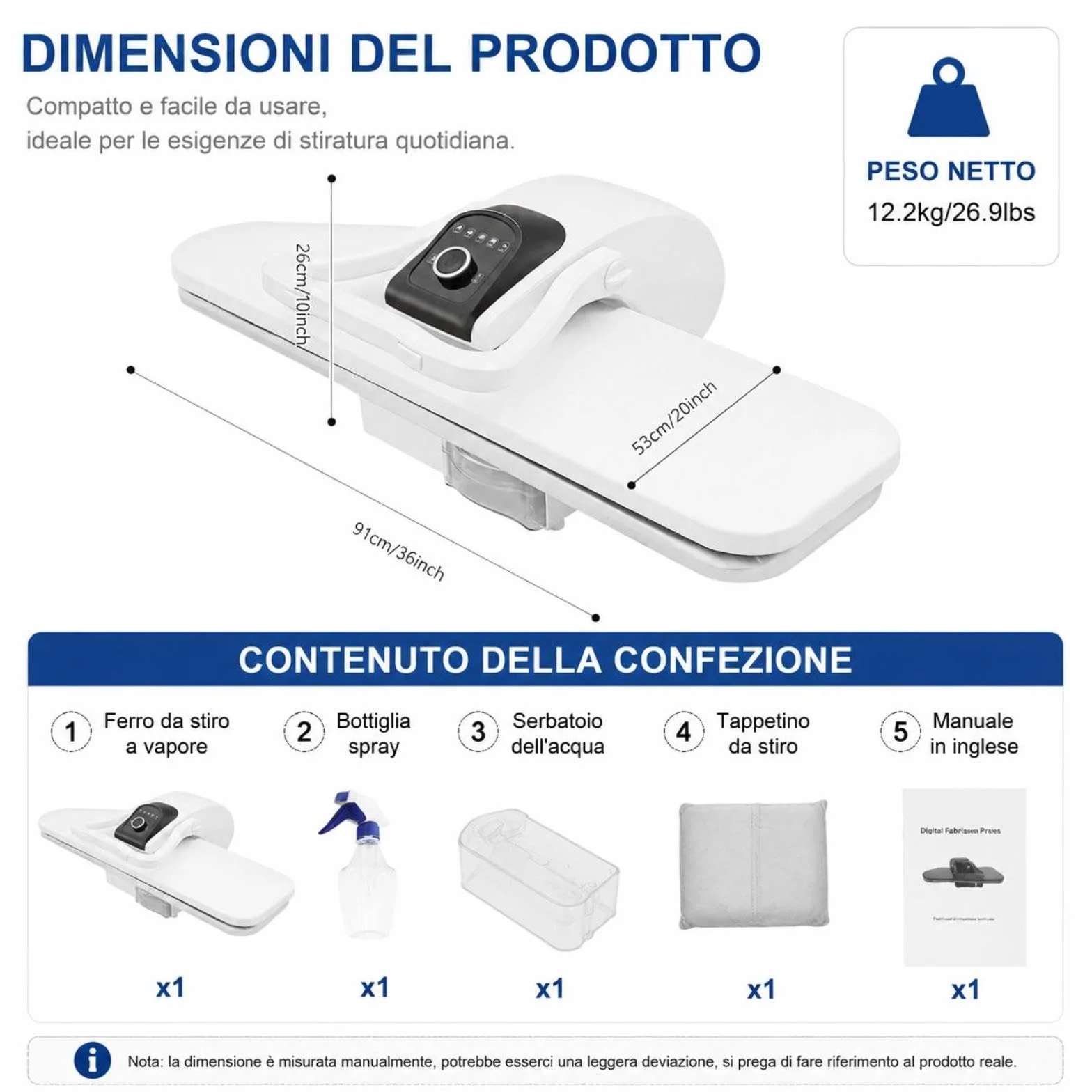 Pressa a vapore professionale, 2200 W, macchina da stiro intelligente, 91 cm, intervallo di temperatura 90-200 °C, 5 livelli di temperatura, forza autobloccante 8 kg, stiratura super veloce (bianco)