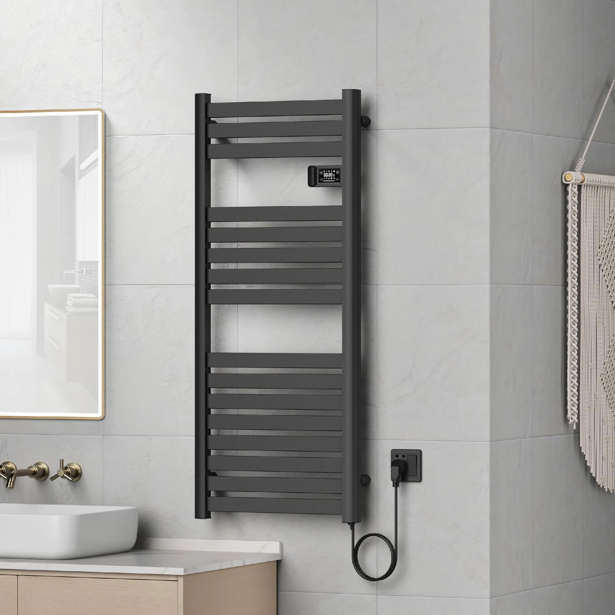 pro.tec Scaldasalviette Elettrico Bagno Scalda Asciugamani da Parete 120 x 50 cm Termoarredo Elettrico 500 W con Termostato Digitale Programmabile - Nero