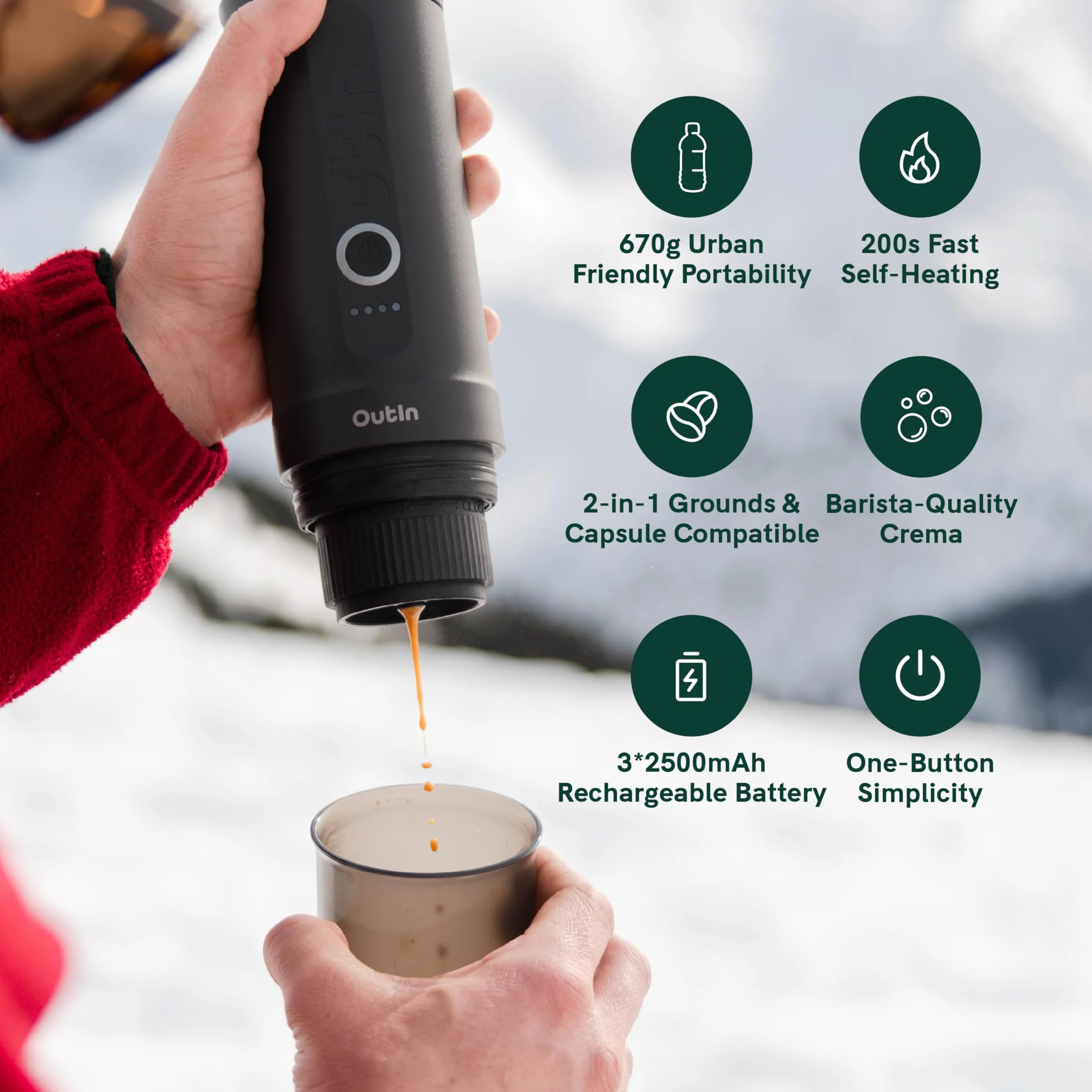 OutIn Nano Macchina da caffè espresso elettrica portatile, caffettiera da viaggio per il campeggio, caffettiera da auto auto-riscaldamento con USB-C, con caffè macinato e capsula NS