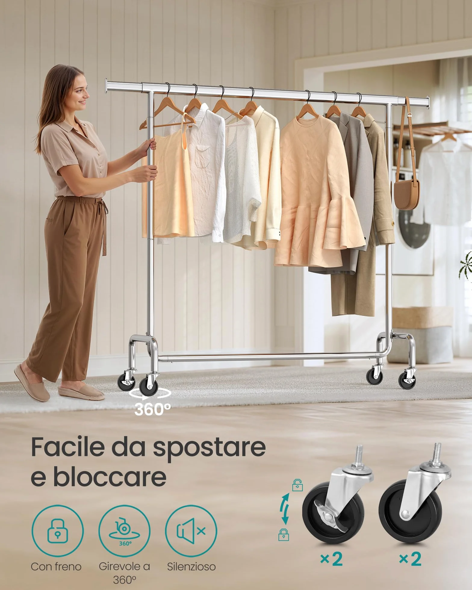 SONGMICS Stand Appendiabiti con Rotelle, Portabiti Carico Pesante, Barra Estensibile, Portata 130 kg, 45 x (110-150) x 162,9 cm, Metallo Cromato, Argento HSR11S