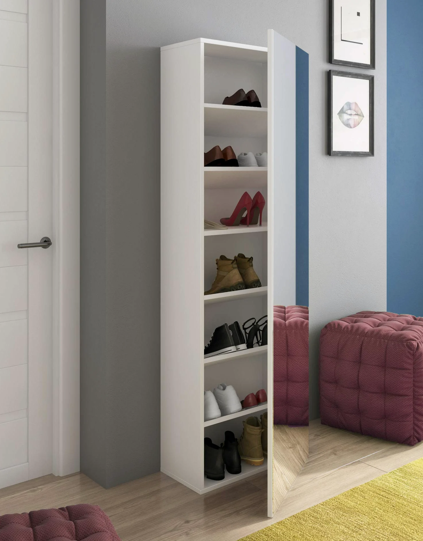 Bricozone Scarpiera Con Specchio Alta Salvaspazio Moderna Fino A 14 Paia Di Scarpe Mobile Slim Da Ingresso Con Anta Reversibile 7 Ripiani Bianco Lucido Arredo Per Corridoio O Camera Da Letto