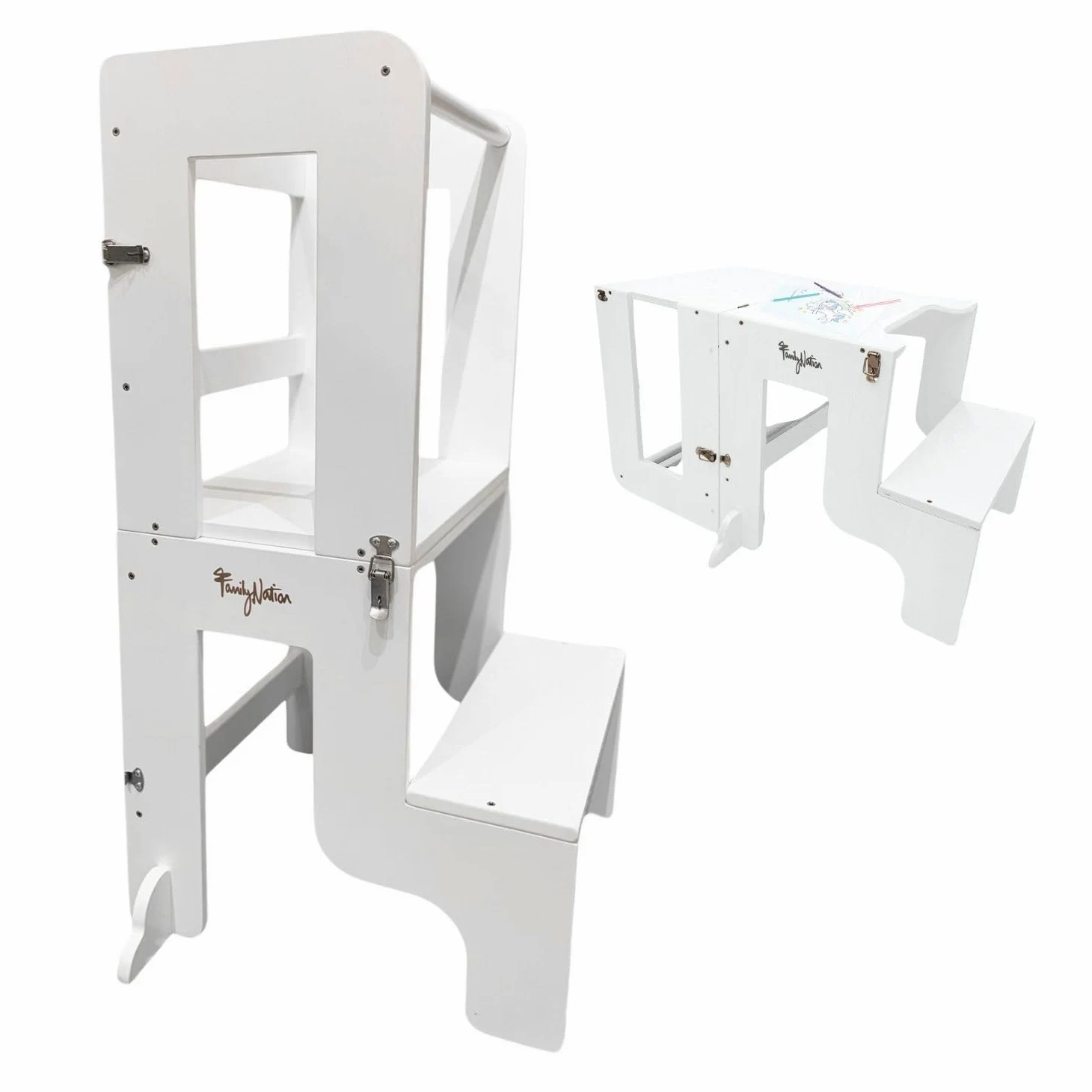 Family Nation, Torre Montessoriana 2 in 1, Convertibile in Tavolo e Sedia, per Bambini da 1 Anno di Età, Struttura in Legno con Supporto Extra, Bianca, 42x45x86 cm