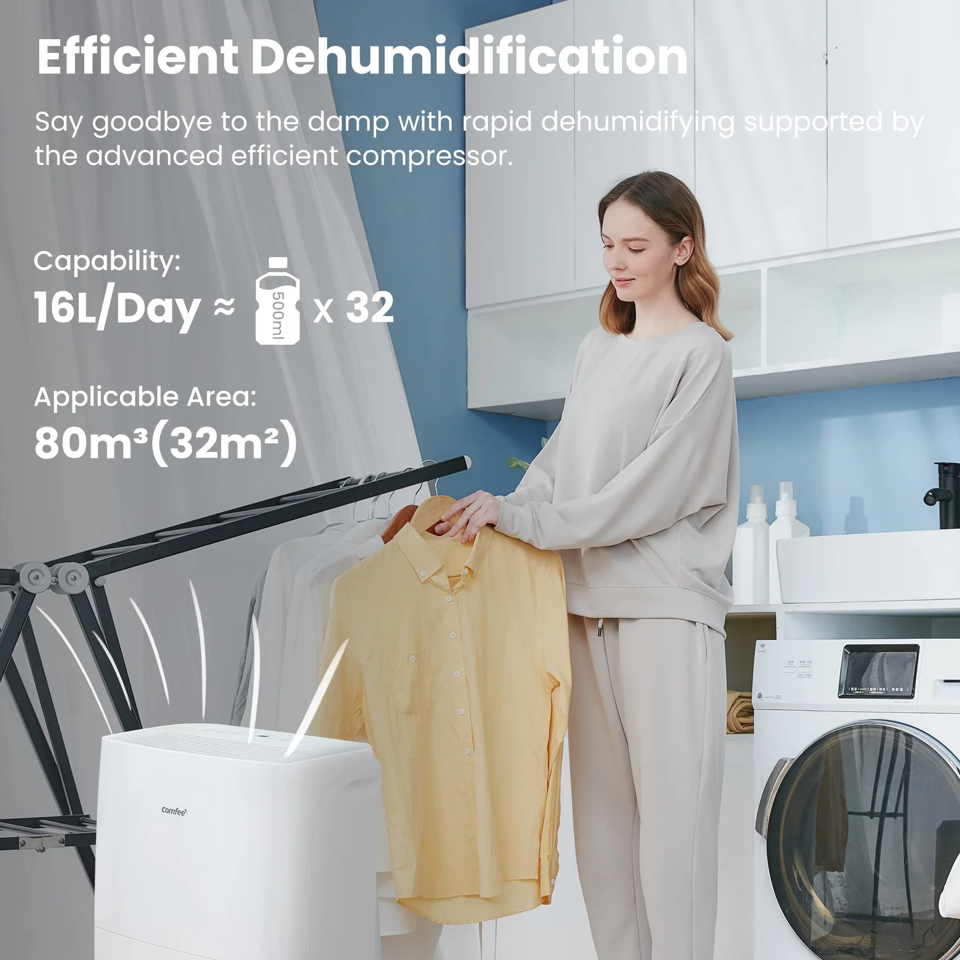 COMFEE' Deumidificatore Casa Muffa 16L/24h, Adatto fino a 32㎡, Tanica da 3L, Deumidificazione Smart, Controllo WiFi, Compatibile con Alexa, Ruote Piroettanti, Timer, MDDF-16DEN7 WF