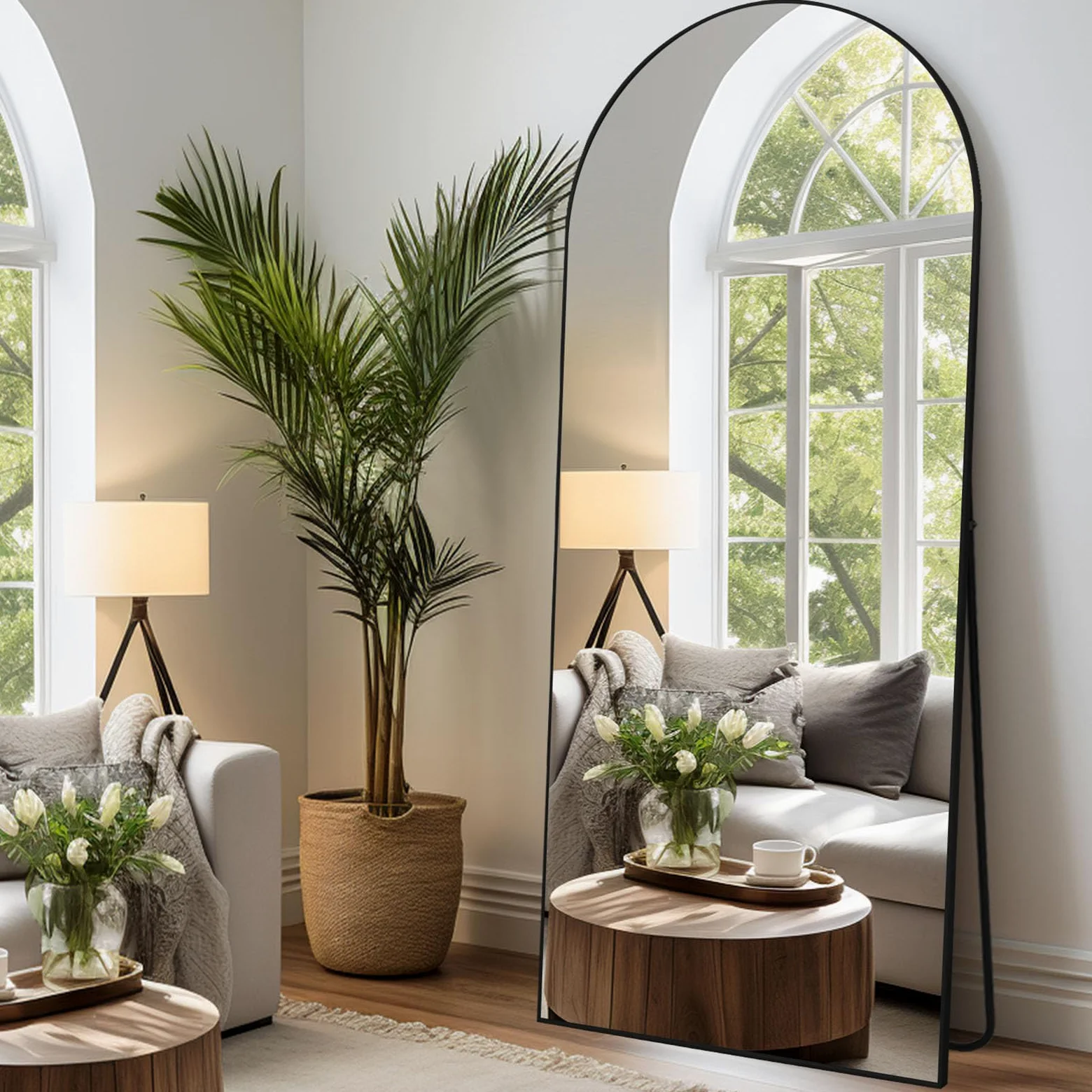 Arco Specchio da terra parete lungo 65x179 CM grande intero specchio da parete con cornice in Nero Alluminio, da appoggiare o da appendere, per soggiorno, camera da letto, corridoio