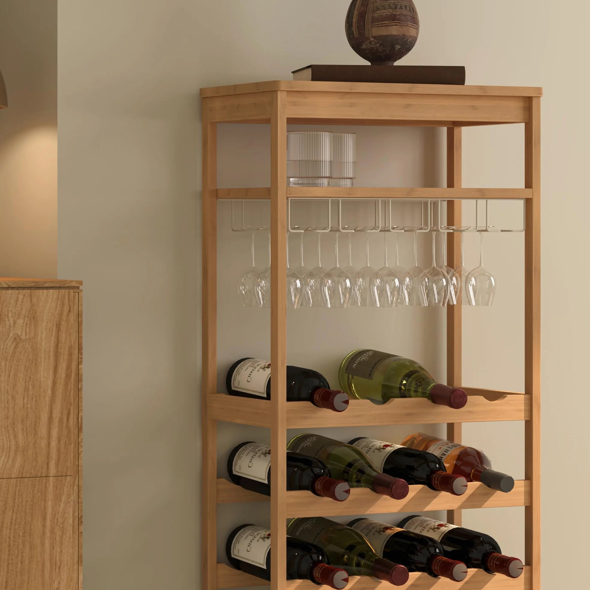 [en.casa] Cantinetta Mobile Portavino per 16 Bottiglie Scaffale Porta Bottiglie da Vino con Portabicchieri e Scomparto Aperto Soggiorno Sala da Pranzo 100 x 47 x 29 cm in Bambù Naturale