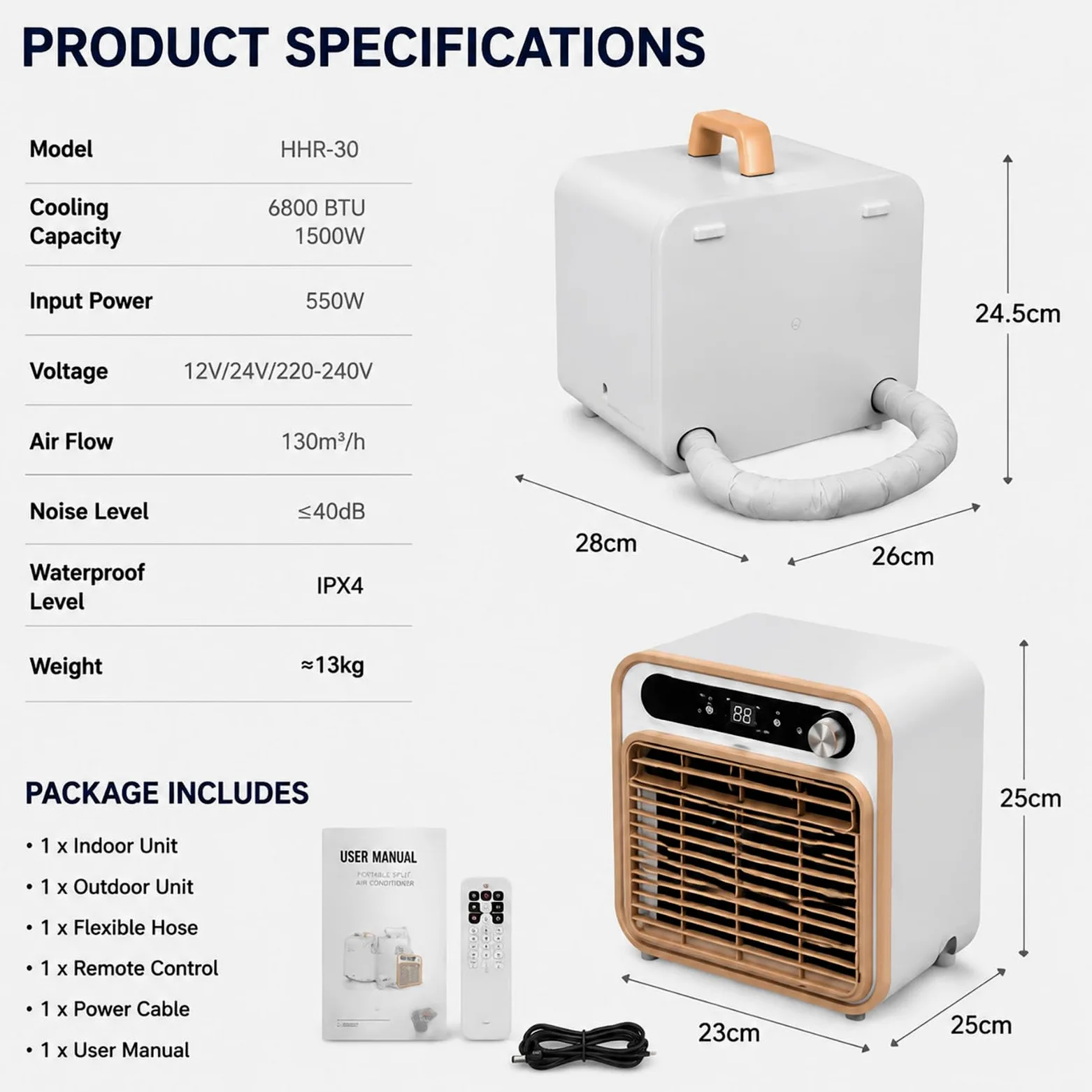 Condizionatore Portatile Split da 6800 BTU, climatizzatore Mobile Compatto con unità Esterna, Portata d'Aria di 130 m³/h, Telecomando; Ideale per Campeggio, roulotte, casa e Ufficio.