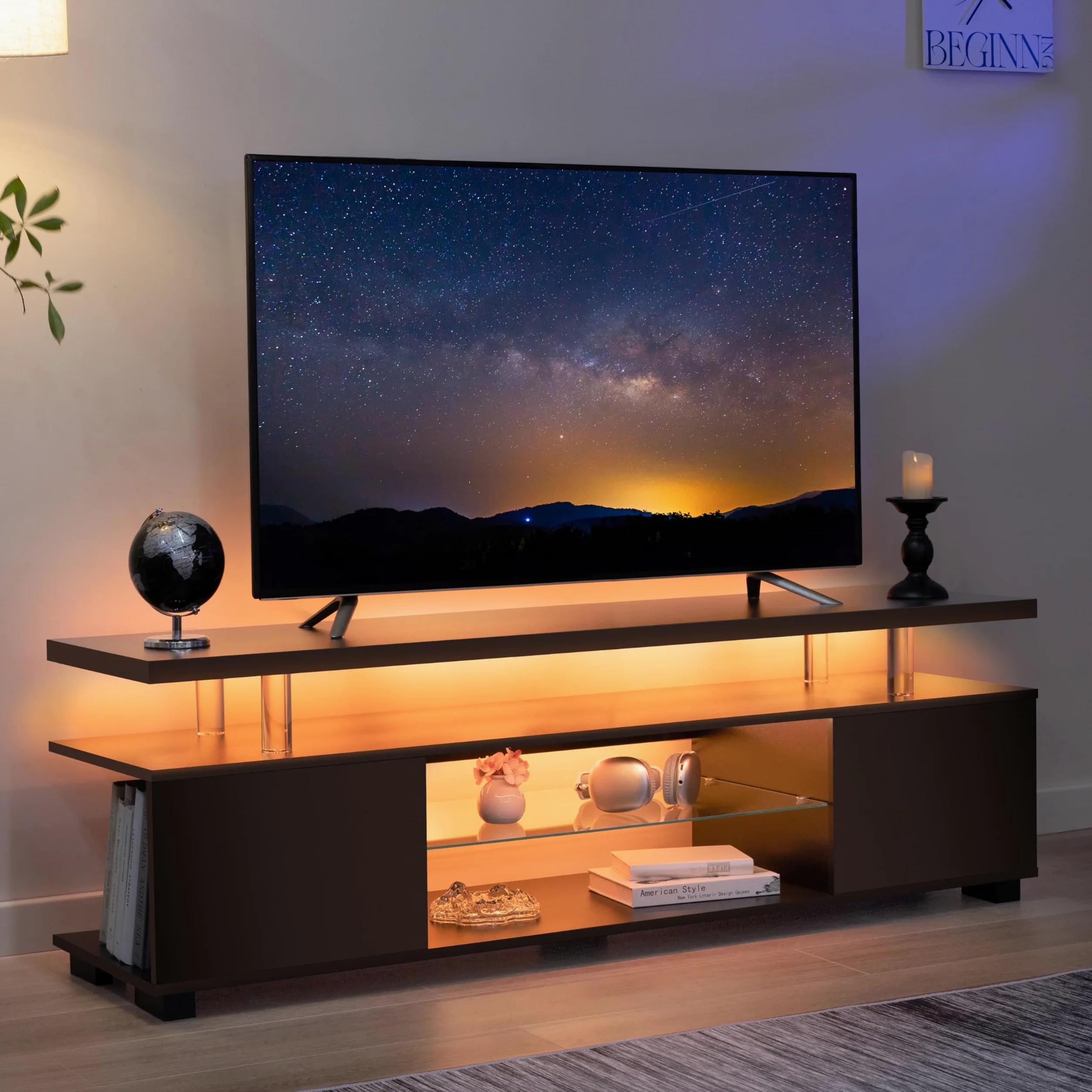 Cubehom LED TV-Schrank 130 cm, Moderno mobile porta TV con illuminazione a LED e spazio di archiviazione, tavolo TV per soggiorno, per televisori fino a 60 pollici, Nero
