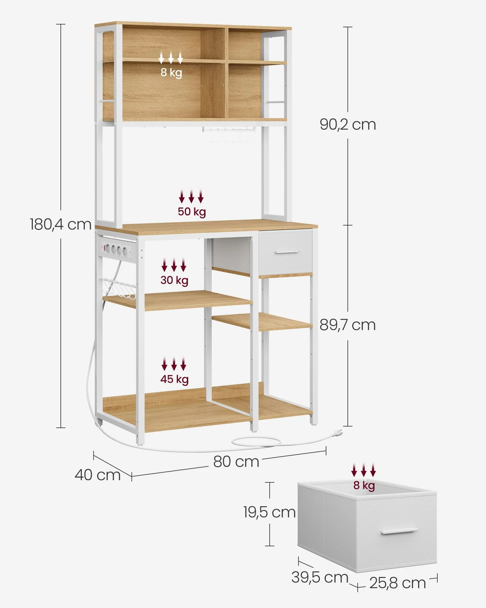 VASAGLE Scaffale Cucina con Multipresa, Mobile Cucina 40x80x180,4 cm, Ripiani Regolabili, Rovere Dorato e Bianco Nuvola