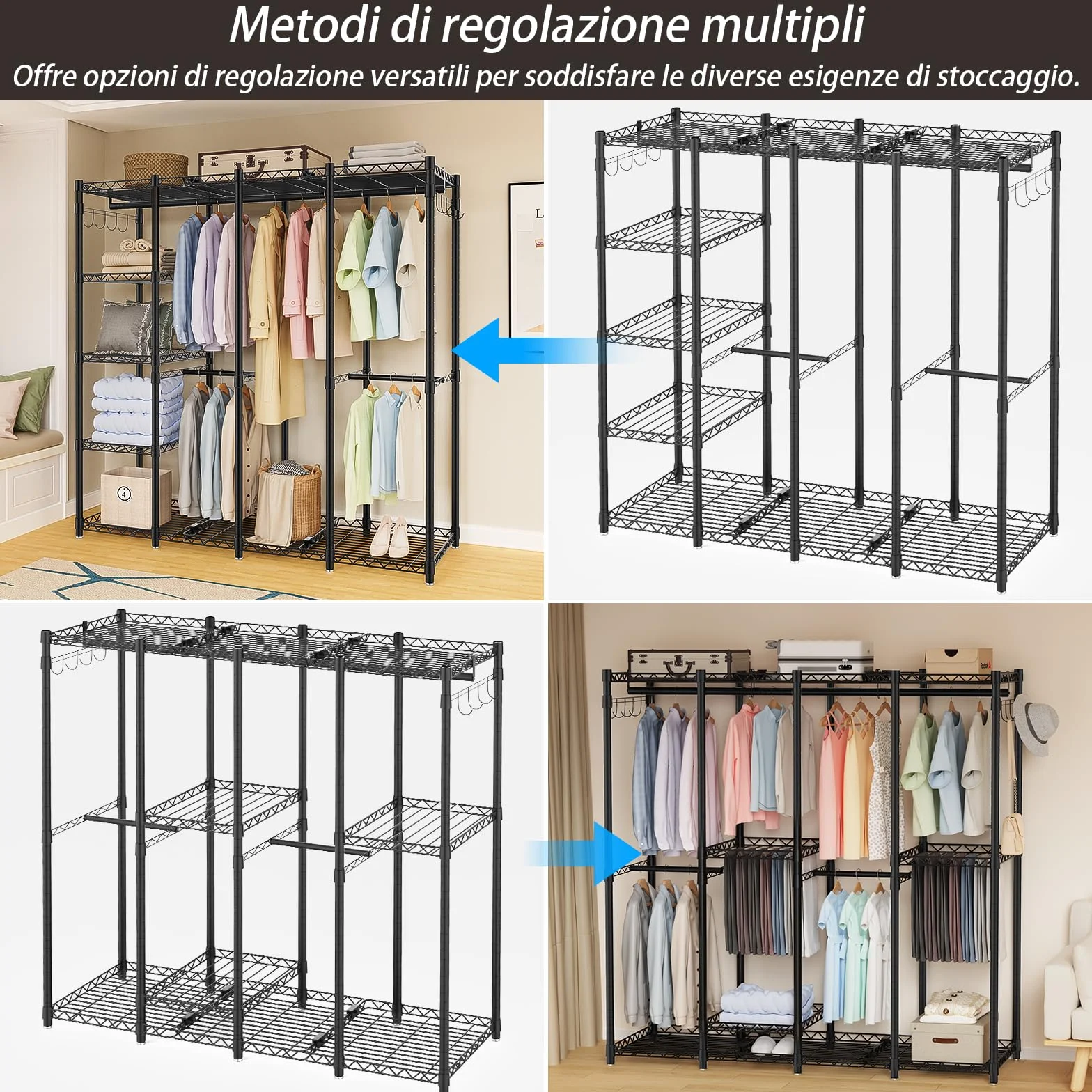 AQRA Stand Appendiabiti in Metallo, Altezza Del Ripiano Regolabile, Grande Capacità Guardaroba, 4 Metodi di Assemblaggio, per Appendere i Vestiti, Riporre i Vestiti, 193,5W×43,5D×195H (Nero)