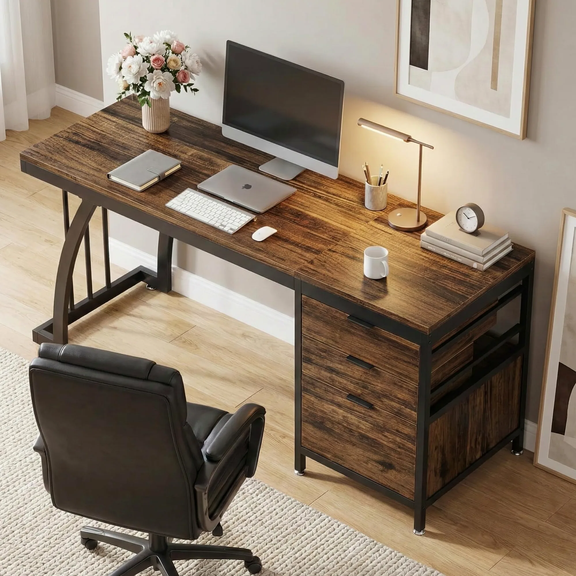 Lailang 150cm Scrivania Computer con 3 Cassetti, Scrittoio Vintage, Scrivania da Studio, Mobili Ufficio Moderni, Scrivania Gaming Marrone, Scrivania Lunga, 150 x 50 x 75 cm, Marrone Rustico