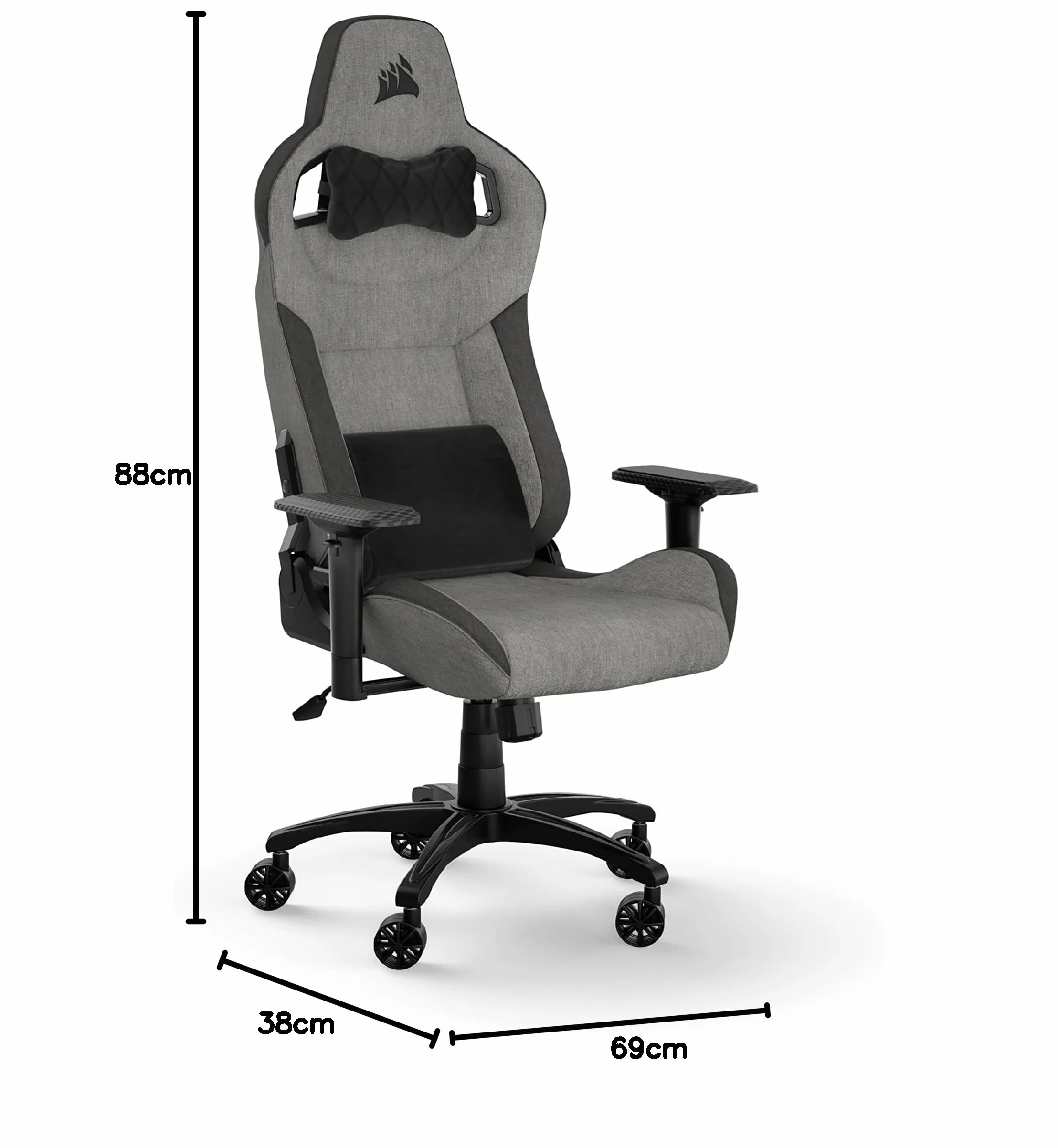 Corsair T3 RUSH Fabric Sedia da Gioco, Tessuto Morbido Traspirante, Cuscino Cervicale Regolabile, Supporto Lombare Memory Foam, Grigio Carbone