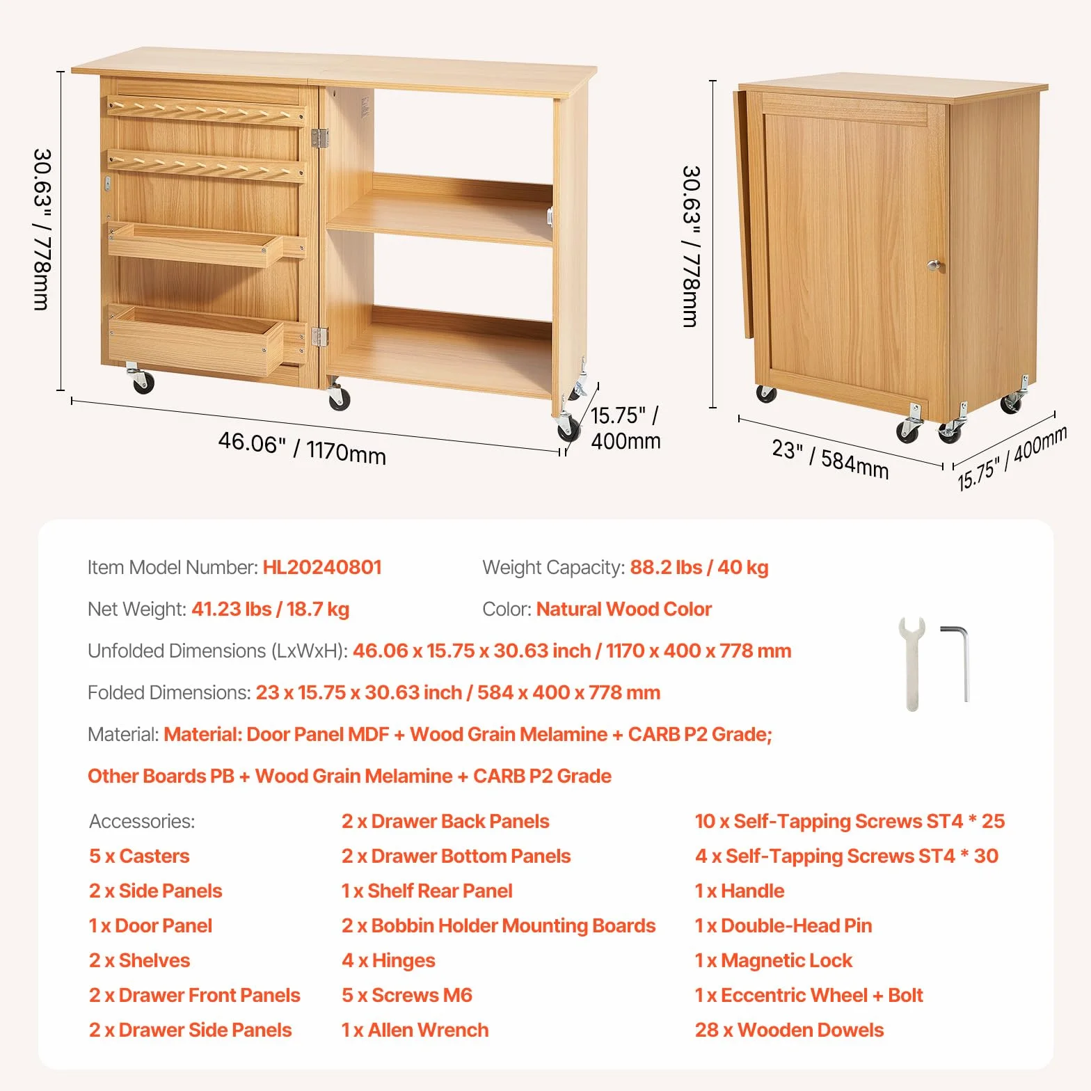 VEVOR Tavolo da Cucito Pieghevole, Tavolo Multiuso per Macchina da Cucire Design Compatto a Rotelle Piano Vassoio Portaoggetti, Pioli in Legno Ante Magnetiche, Mobiletto per Macchina da Cucire
