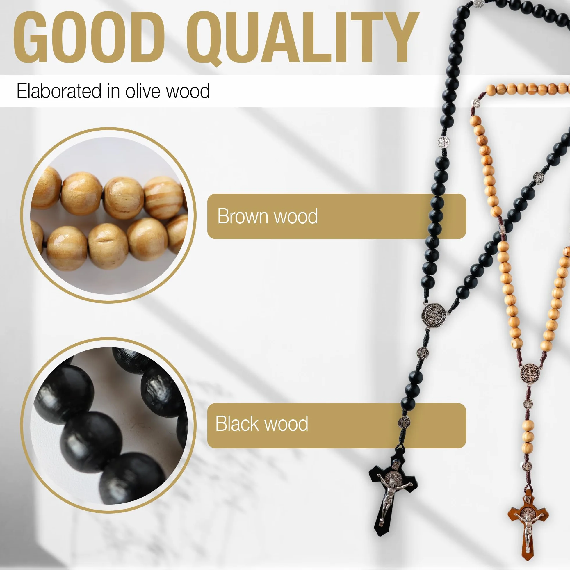 Collana Rosario di San Benedetto in Legno d'Ulivo con Finiture in Teak e Nero - Cattolico con Medaglia Fatto a Mano per Uomo e Donna