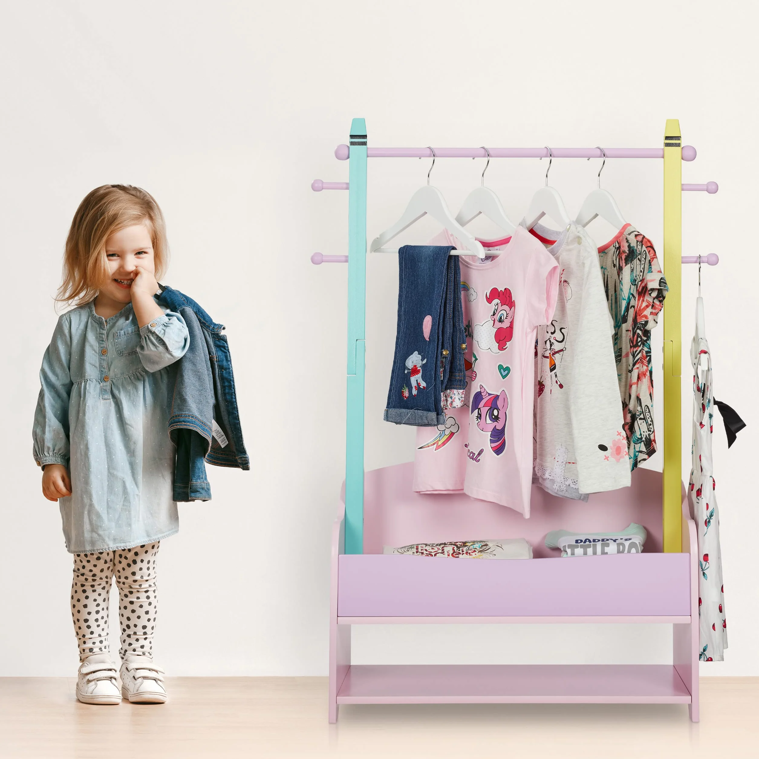 Relaxdays Stand Appendiabiti per Bambini, Scomparto Doppio, Guardaroba a Giorno, HxLxP: 100,5x71x30 cm, Colori Pastello