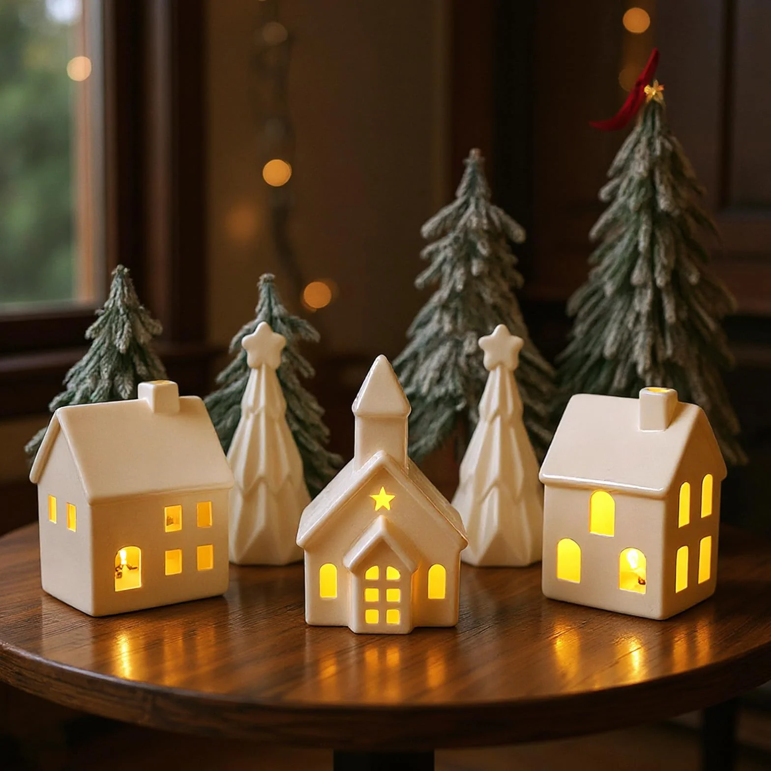 Casa di villaggio di Natale decorazioni natalizie bianche con alberi ceramica luce LED da tavolo