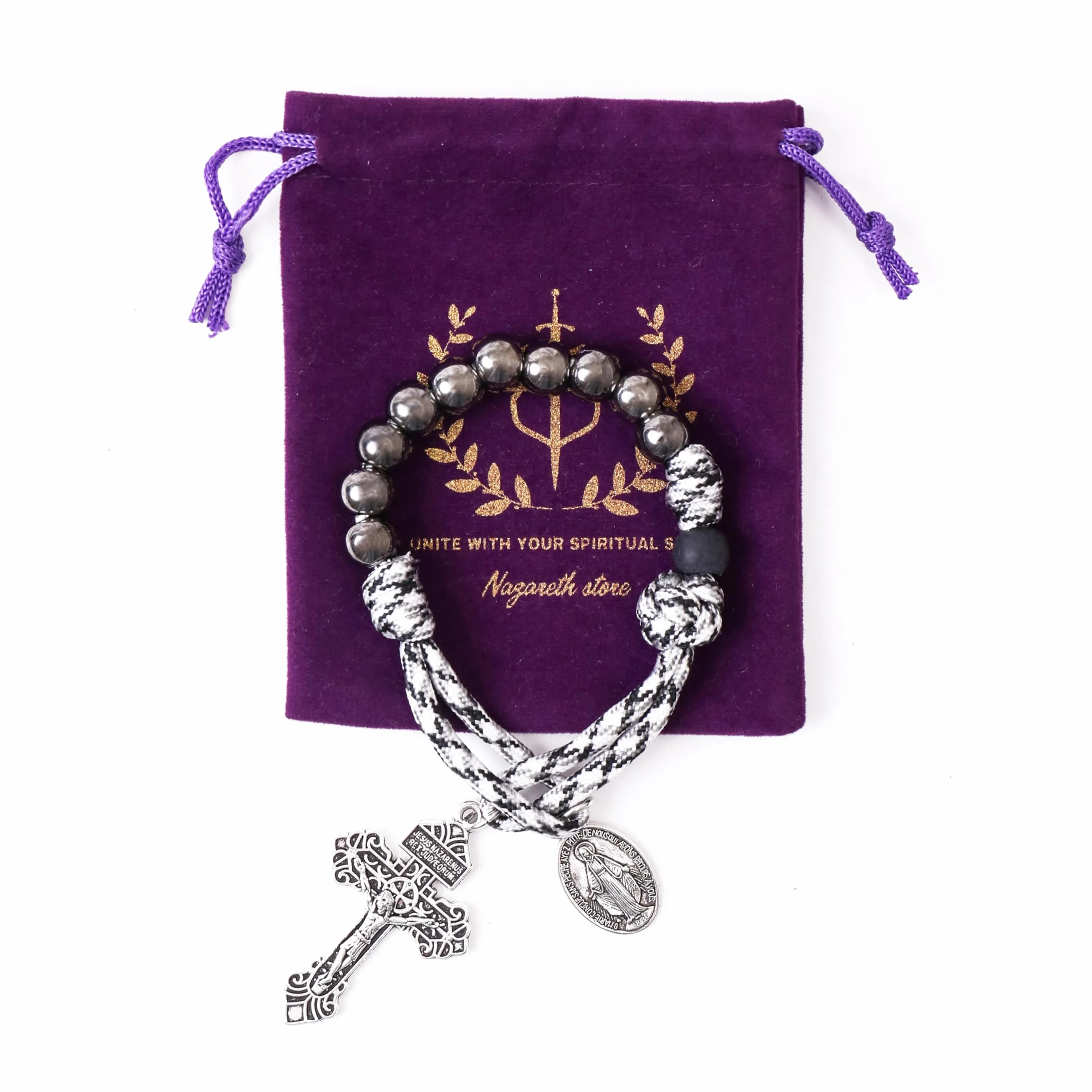 Nazareth Store Rosario di San Benedetto/San Giuseppe con perline in paracord, Rosario da taschino/bracciale a decade miracolosa, con medaglia e croce, 11.22 Inches, Pietra, Vetro