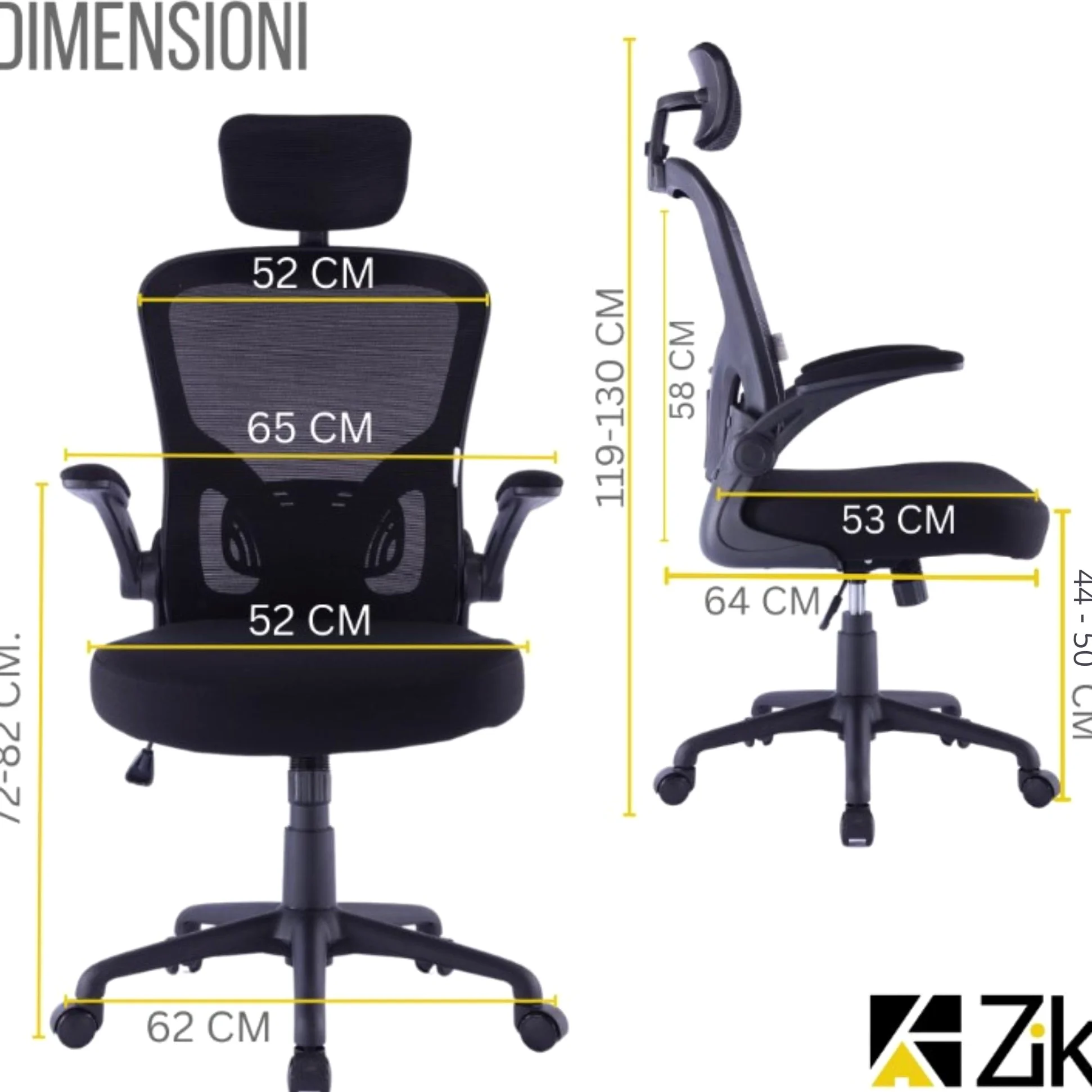ZIK - Sedia Ergonomica da Ufficio, Scrivania, con Supporto Lombare e Regolazione Schienale, Sedia da Ufficio con Rotelle e Braccioli Reclinabili, Poggiatesta Oscillante e Regolabile