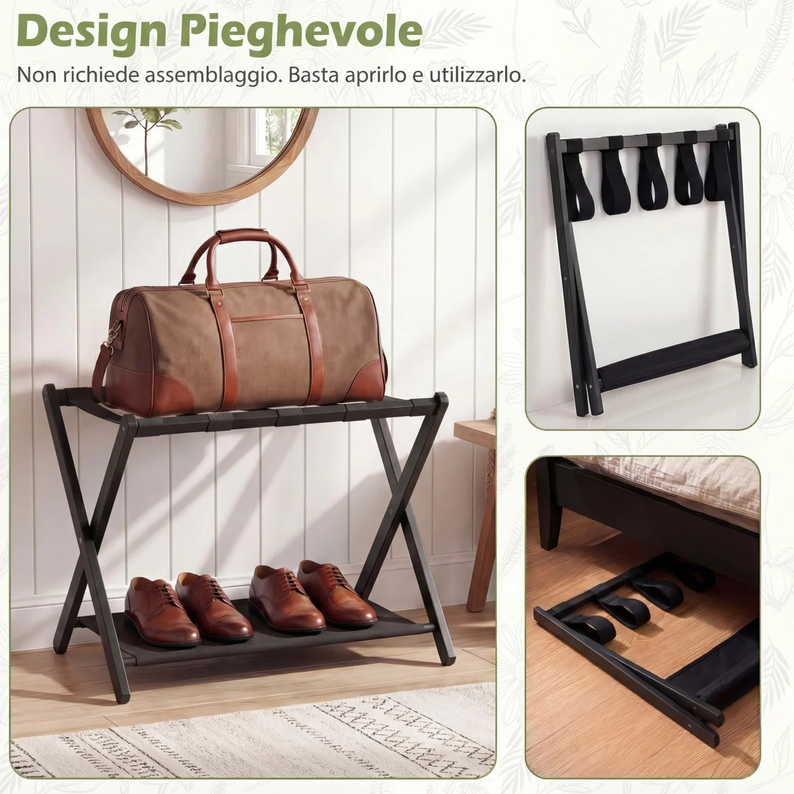 COSTWAY 2 Pz Portavaligia Pieghevole in Bamboo con Cinghie, Tessuto Oxford, Portata 65 kg, Nero