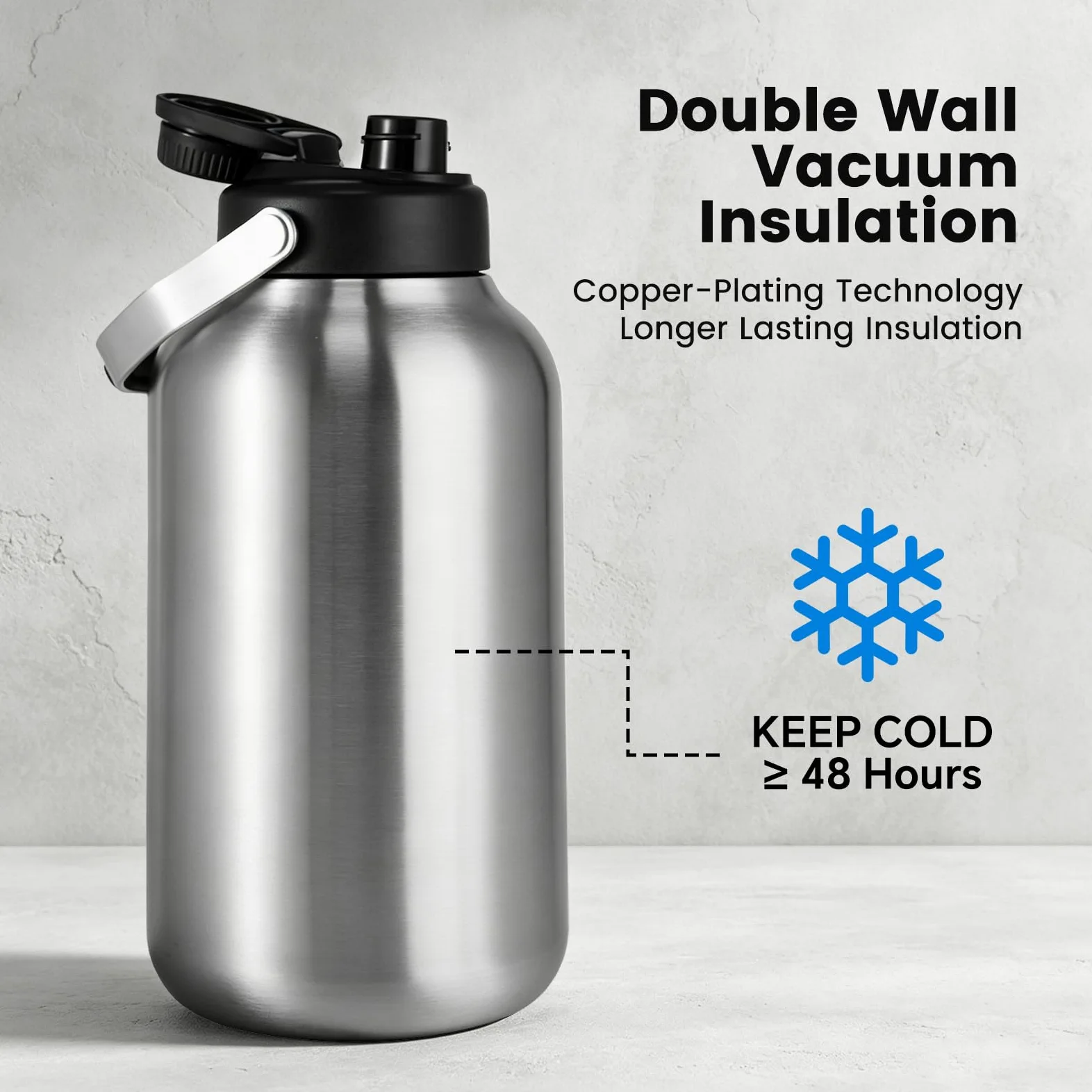 Kerilyn Borraccia termica con bocca larga, in acciaio inox da 3,6 litri, per bevande calde e fredde, grande bottiglia d'acqua con manico, grande brocca d'acqua per sport, viaggi