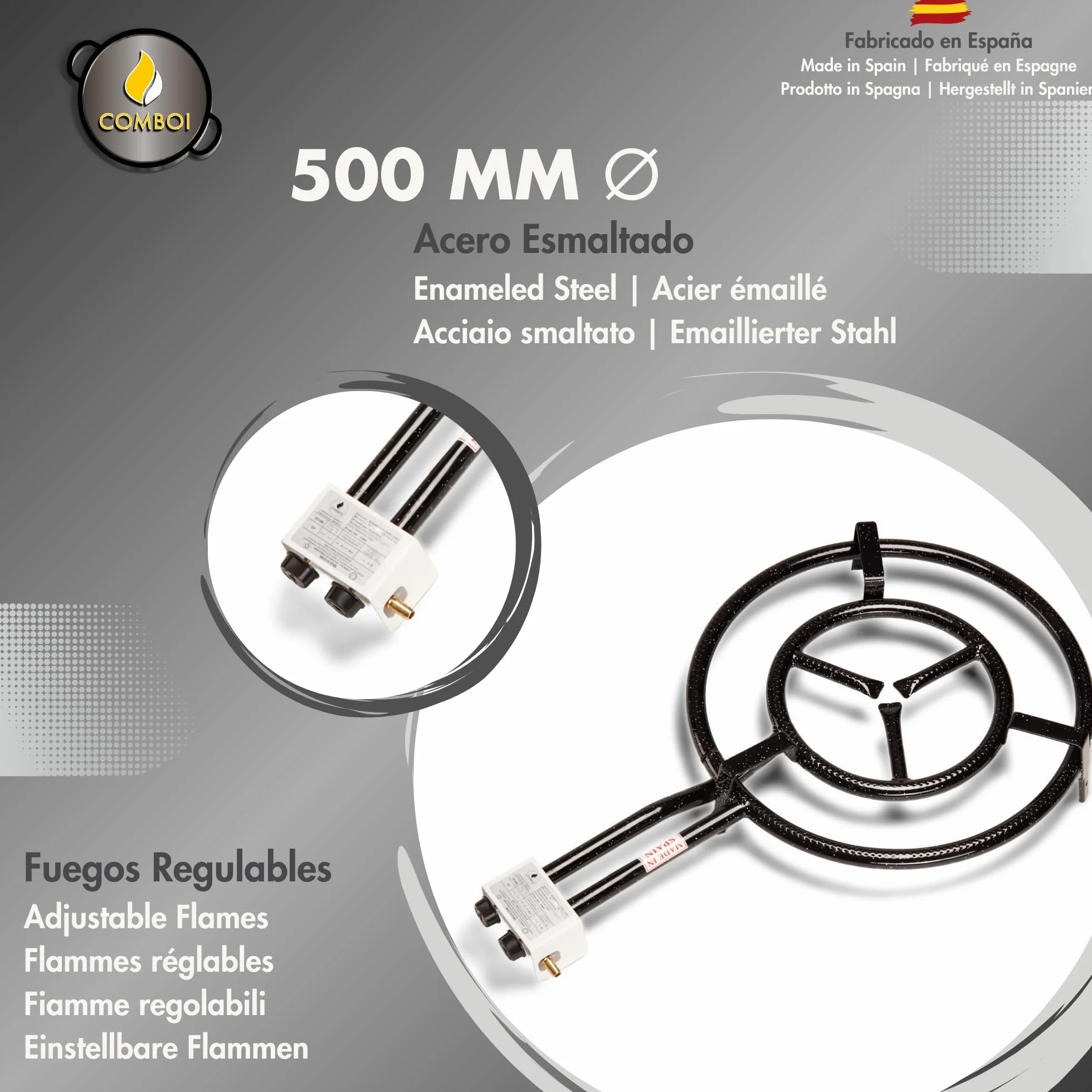 COMBOI Paellero gas butano 50 cm Kit bruciatore, paella 60 cm + paella 42 cm, supporto gambe rinforzate, livello, grembiule, ricettario digitale