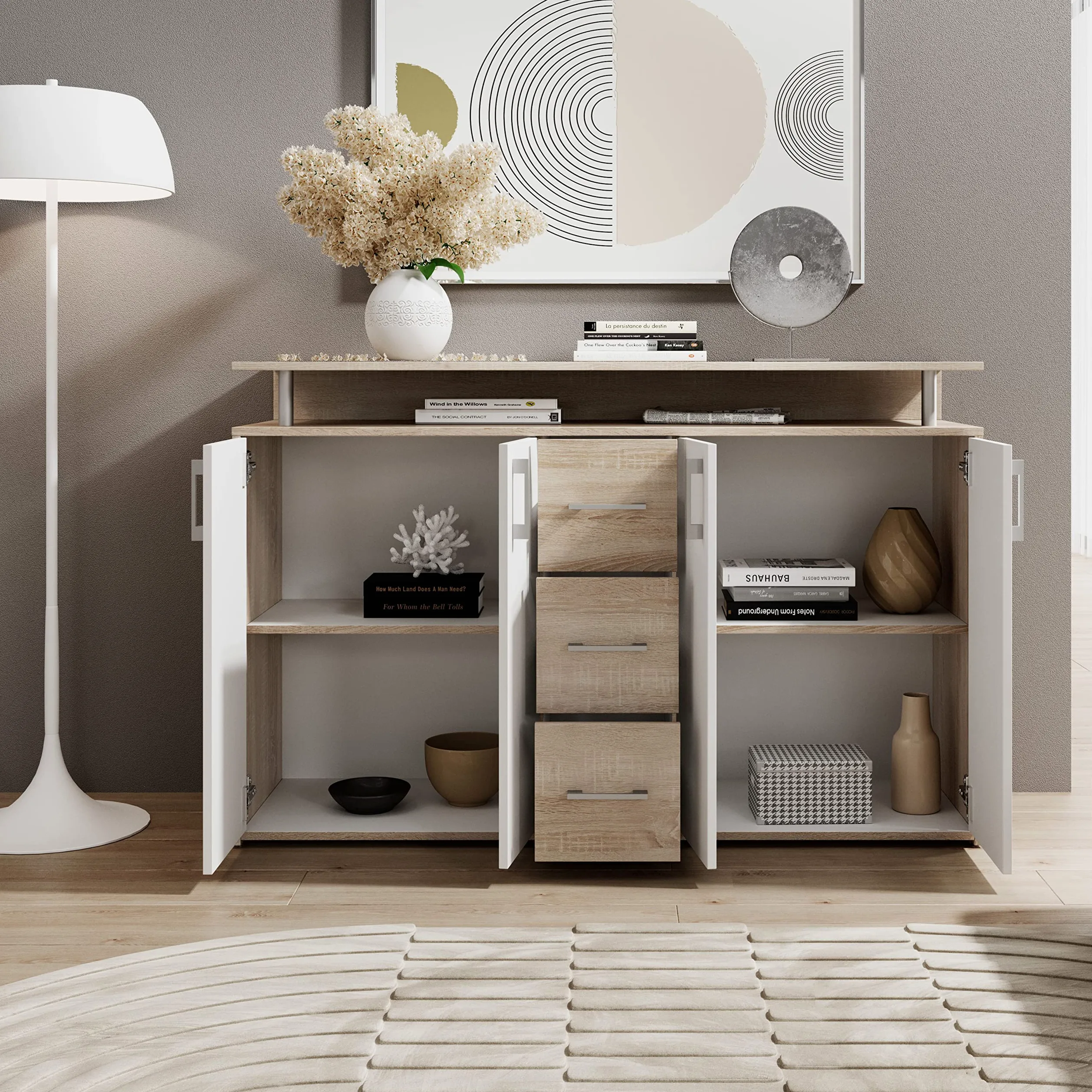 DRIFT, Credenza con ripiano simil rovere sonoma, bianco, elegantea e capiente credenza con cassettiera per la vostra zona giorno; 139 x 90 x 34 cm (L x A x P)