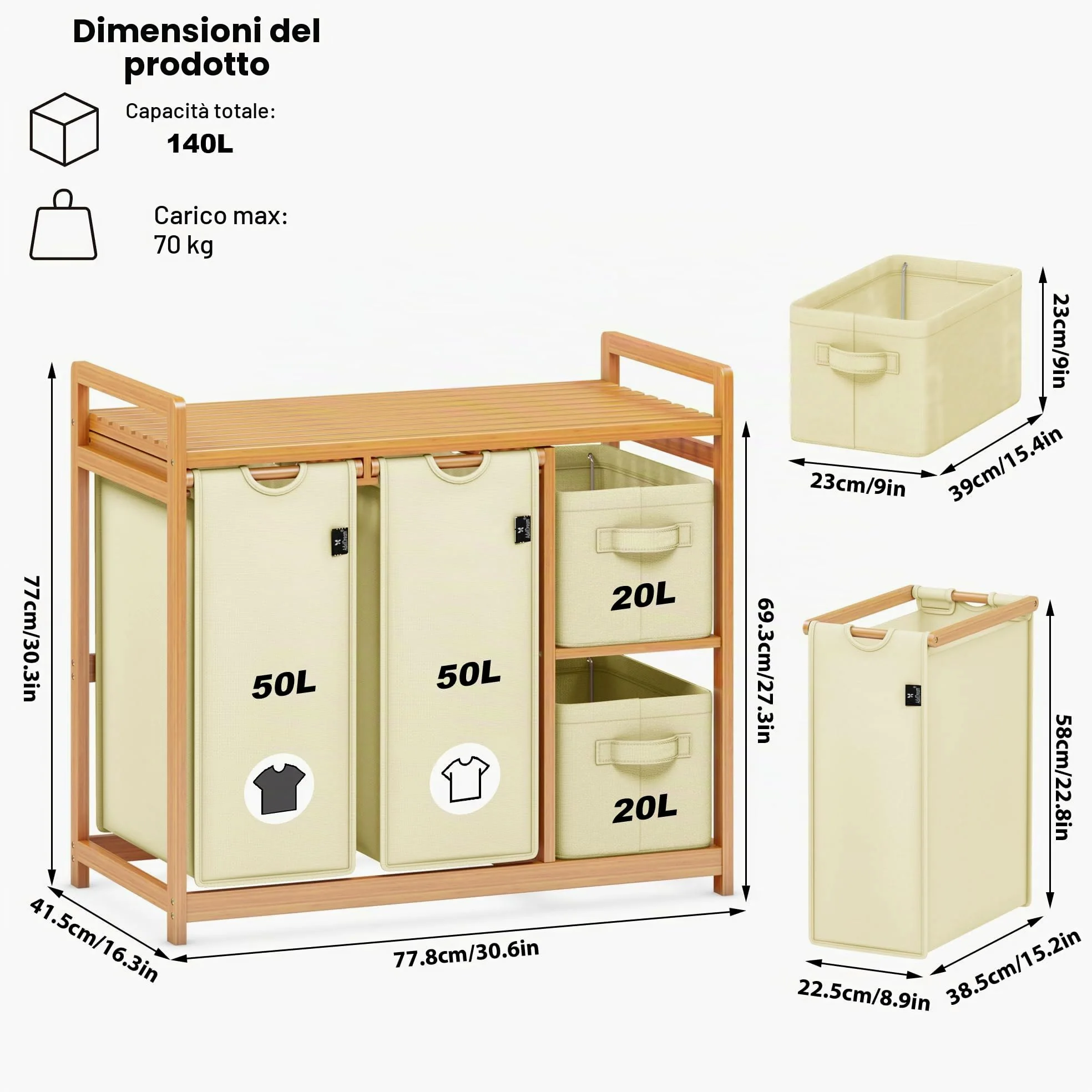 AdelDream B0FCXLP1 - Cesto portabiancheria a 4 scomparti, 140 l, con cestino, con 2 sacchetti per la biancheria e 2 scatole di stoffa con ripiano, in bambù, per la biancheria, colore: Beige