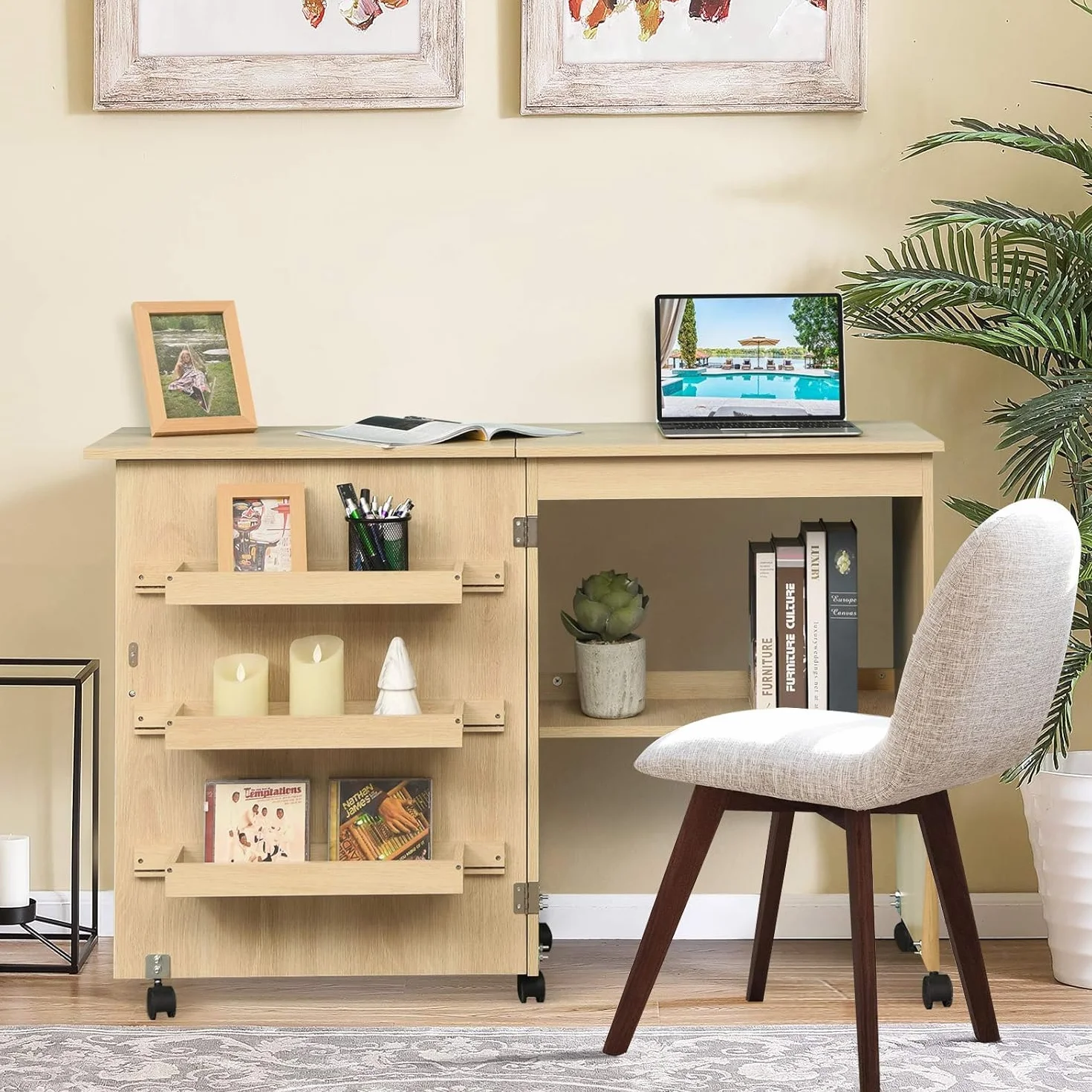 FANTASK Armadio da cucito pieghevole 2 in 1, tavolo da cucito in legno con 3 ripiani per bobine, armadietto per macchina da cucire per soggiorno, camera da letto e ufficio, beige