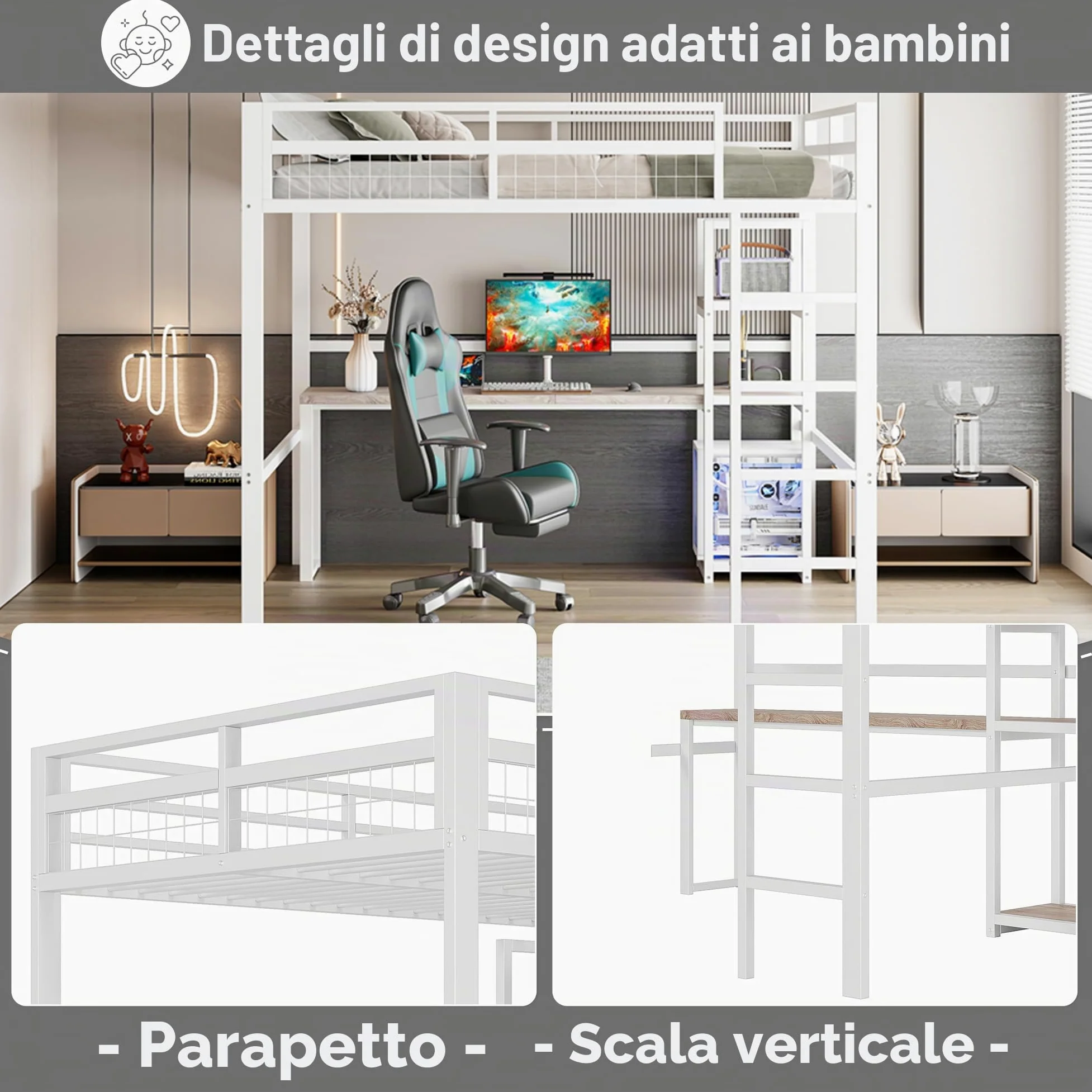 Letto a soppalco in metallo, 140 x 200 cm, scrivania con presa e scaffale, con ricarica USB + Type-c, per bambini, ragazzi e adulti, letto a castello, senza materasso (bianco)