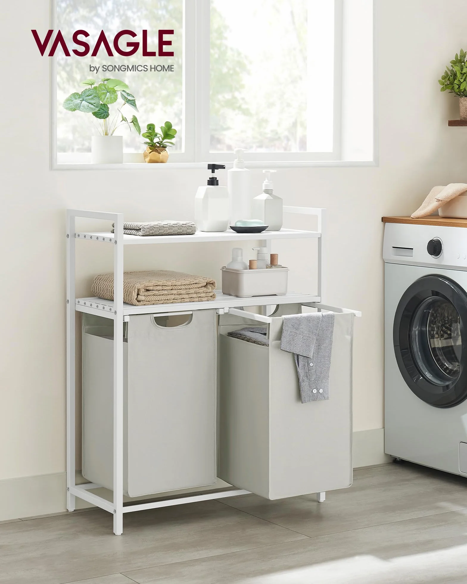 VASAGLE Cesto Portabiancheria 2 Sacchi Estraibili 46L Bianco BLH211W01