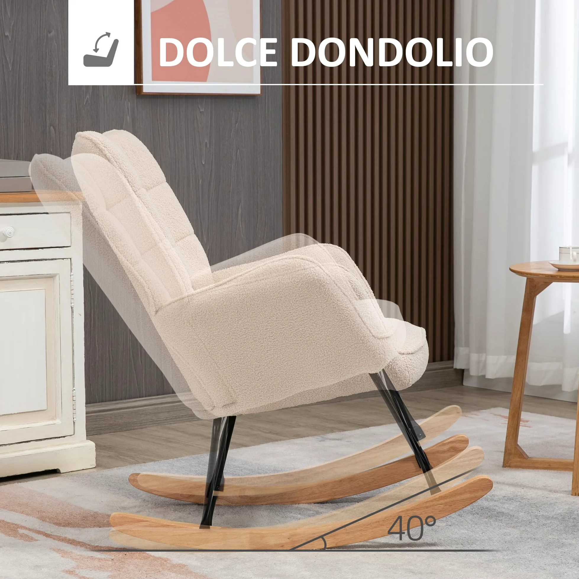 HOMCOM Sedia a Dondolo da Interno Imbottita, Poltrona a Dondolo Relax in Pile Berbero con Braccioli, Struttura in Acciaio e Gambe in Legno di Faggio per Soggiorno e Camera da Letto, Beige