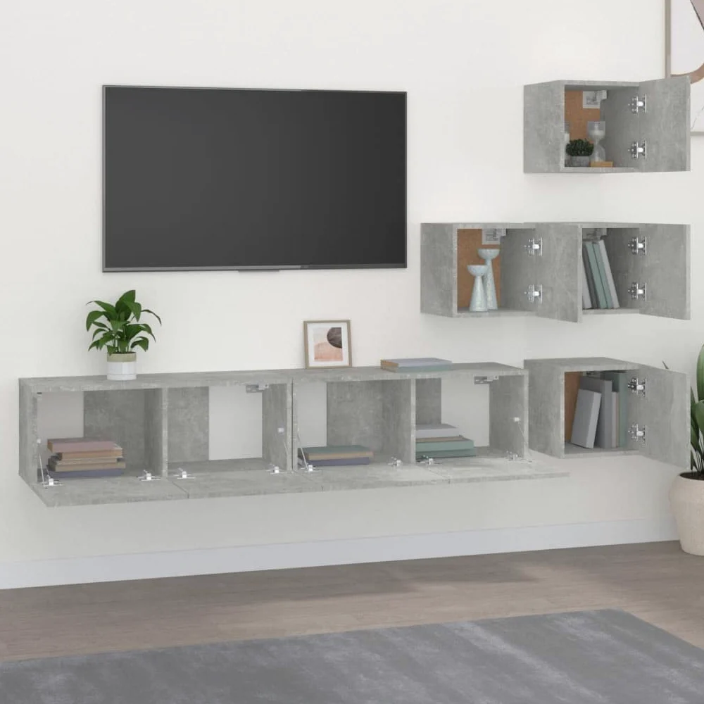 Mobile da parete per TV, grigio cemento, mobile TV sospeso in legno con design decorativo, offre ampio spazio per chiavi e blocchi appunti, facile da pulire con umido