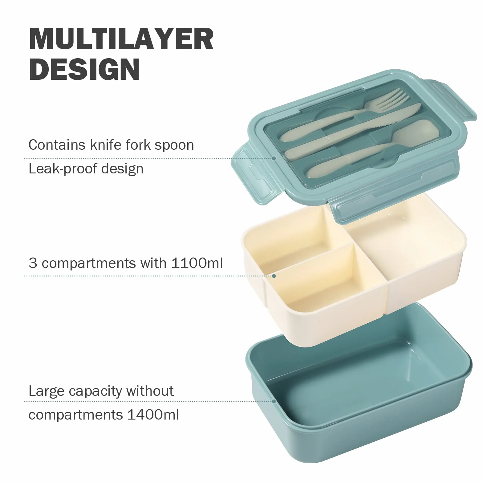 Diboniur Porta Pranzo 1400ml Lunch Box Bento con 3 Scomparti Ermetico per Microonde Ufficio Lavoro Picnic (Azzurro)