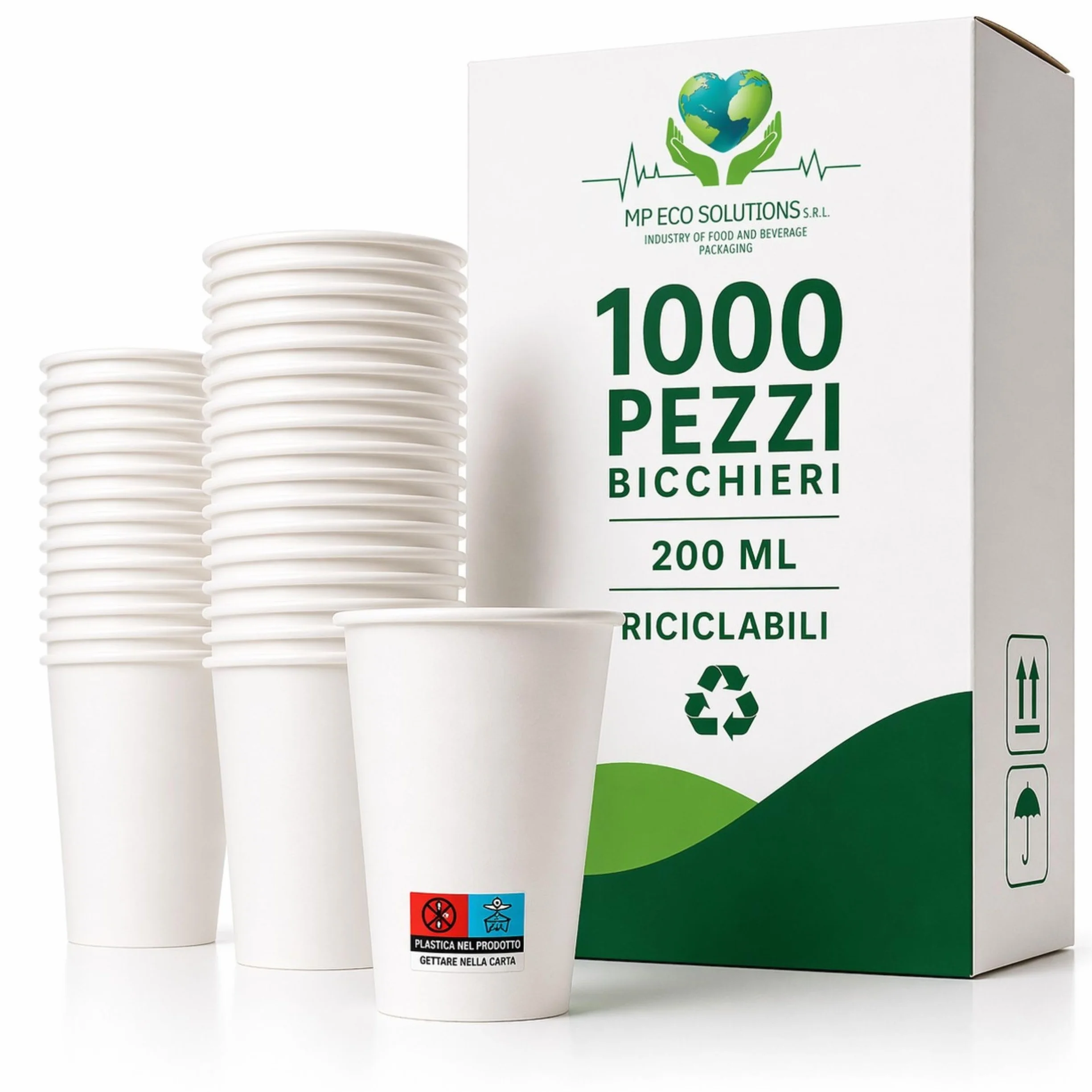 Bicchieri Carta 200 ml Monouso Bianchi MP ECO SOLUTION 1000 per Acqua e Bevande Calde Made in Italy