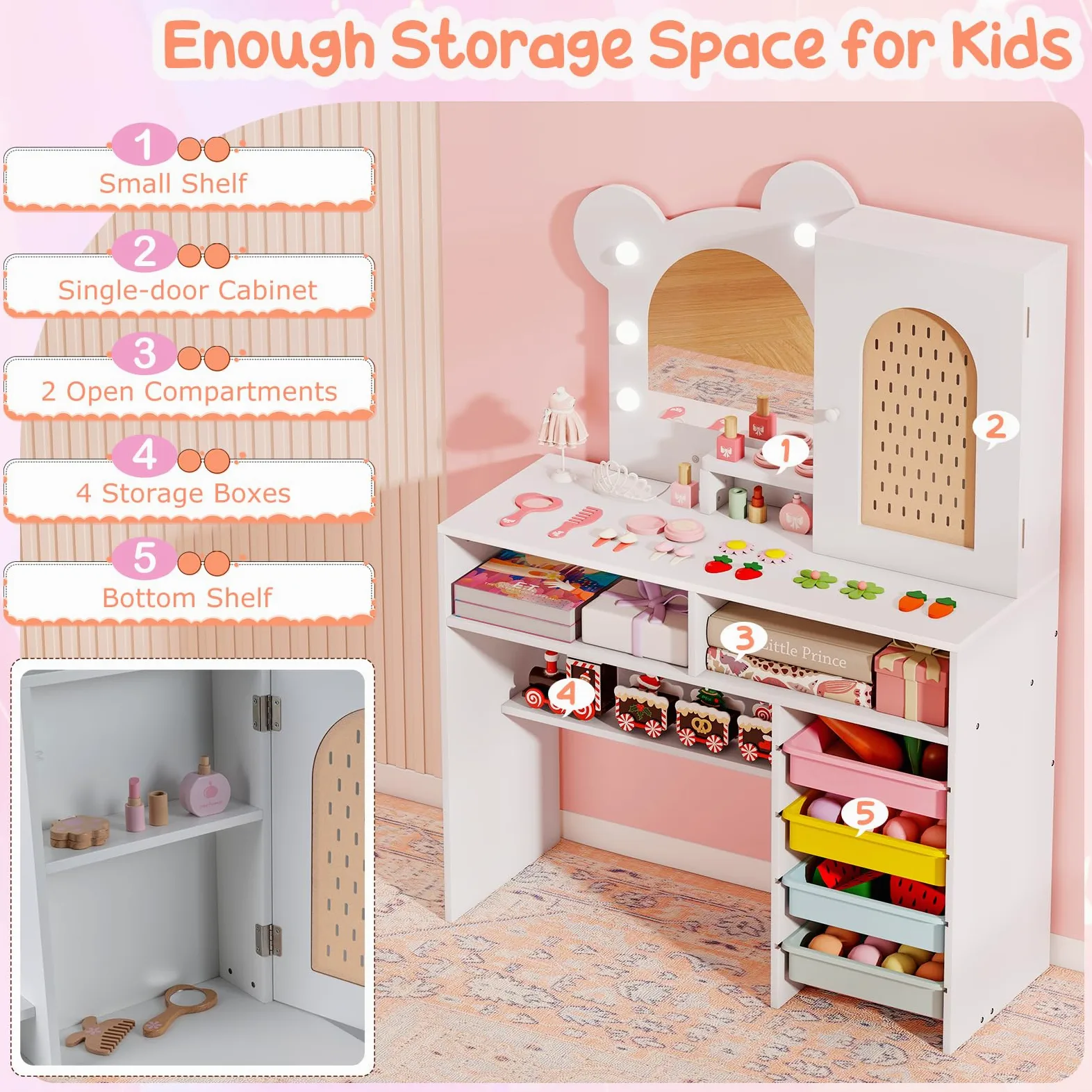 LIFEZEAL Specchiera Trucco per Bambina 3+Anni, con Luci, Sgabello, Sedia, Forma di Orsetto, Toeletta Tavolo, Postazione Makeup, con Armadio, Scomparti, Scatole, Cassetto, Accessori, Cameretta, Bianco