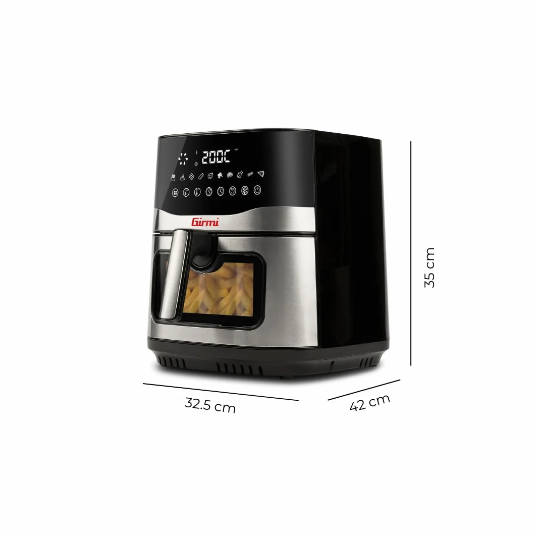 Girmi FG90 Friggitrice ad Aria Ecofrit Premium, 2200W, 9 Lt, Doppia Resistenza, Finestra, Contenitore Antiaderente, Display Digitale, Scongelamento, Partenza Ritardata, BPA/PFOA safe, Nero