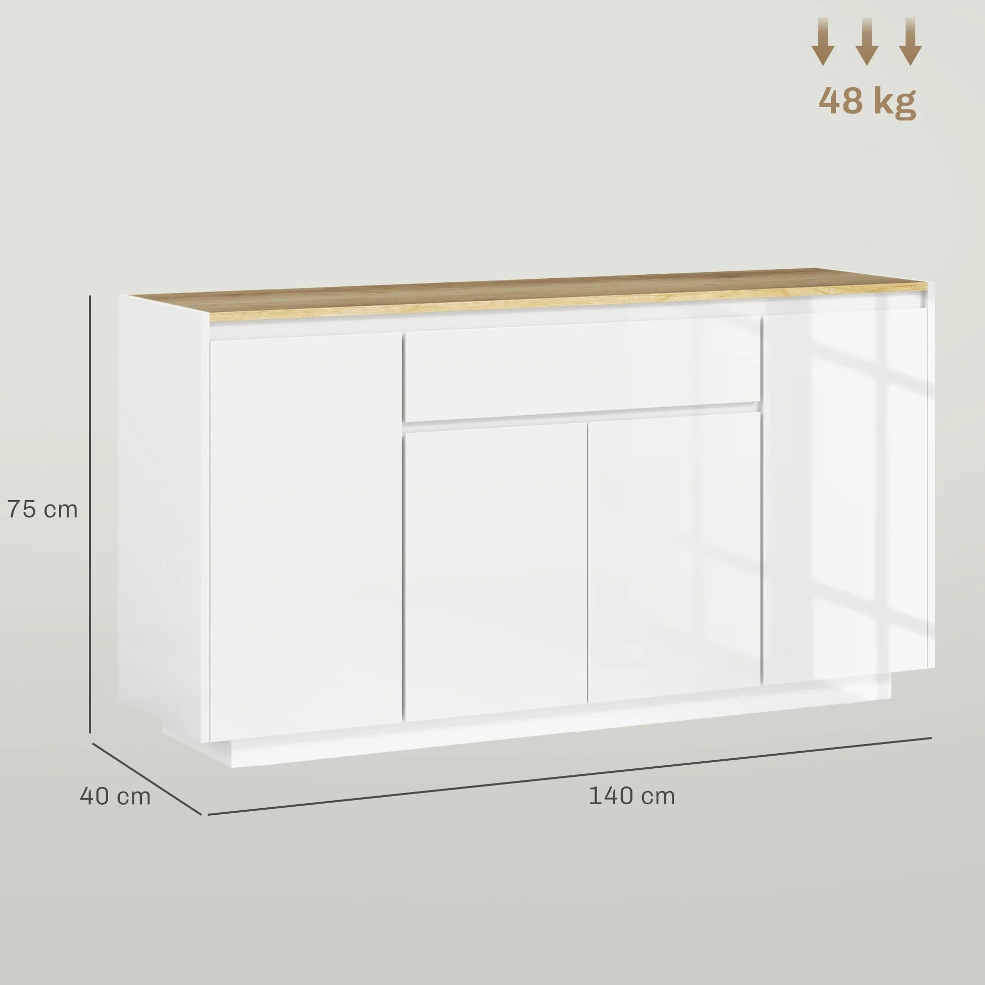 HOMCOM Credenza Cucina con 3 Armadietti a 4 Ante, Mobile Cucina Moderna con Cassetto, Ripiano Regolabile e Ante Soft-Close, Madia in Legno MDF per Soggiorno, Sala da Pranzo, 140x40x75 cm, Bianco