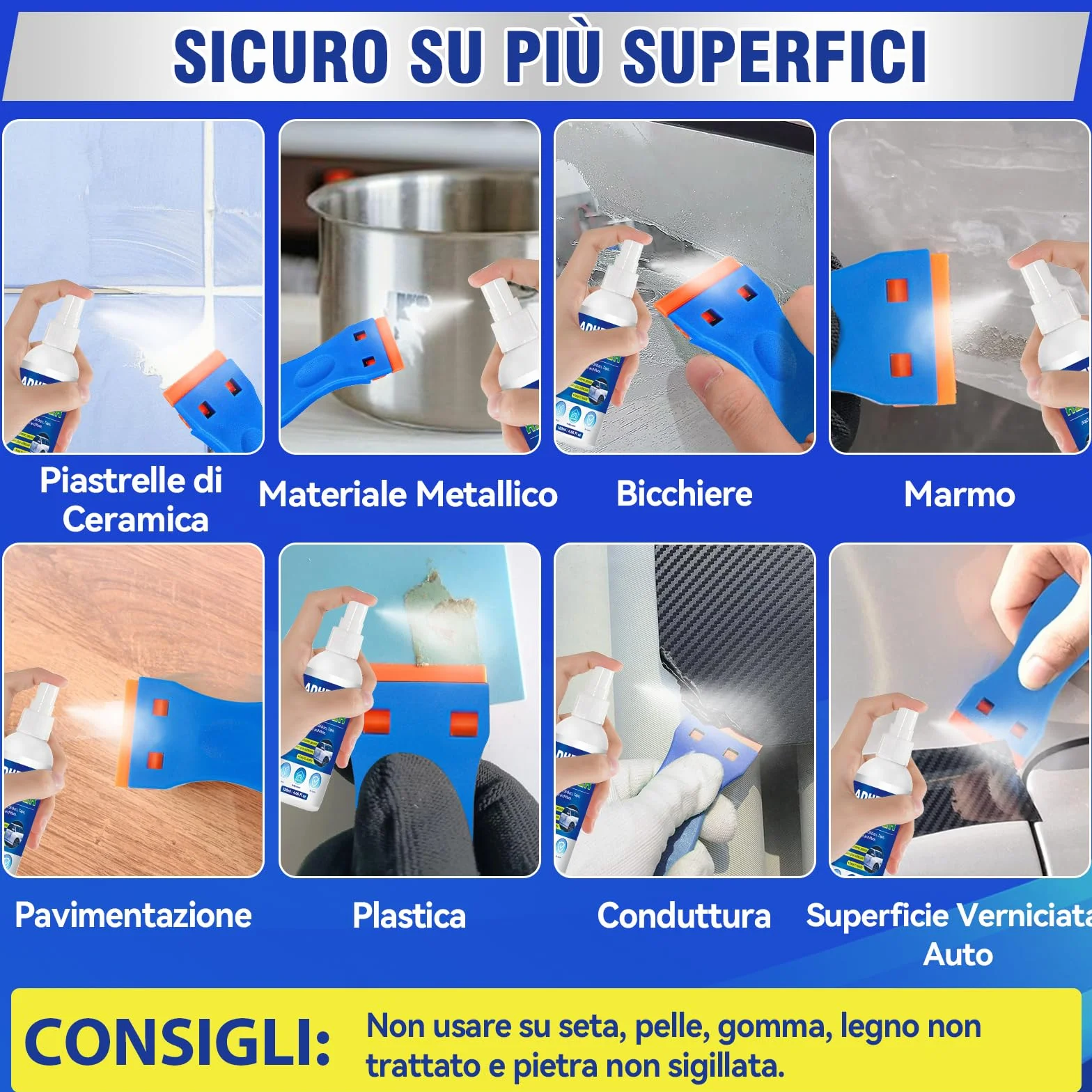 Rimuovi Colla Spray, Potente Rimuovi Colla Adesivi Pulizia dei Residui Appiccicosi, Rimuovi Silicon per Etichette, Adesivi, Nastro Adesivo da Finestre, Vetri, Auto, Legno, Metallo Superfici Multiple