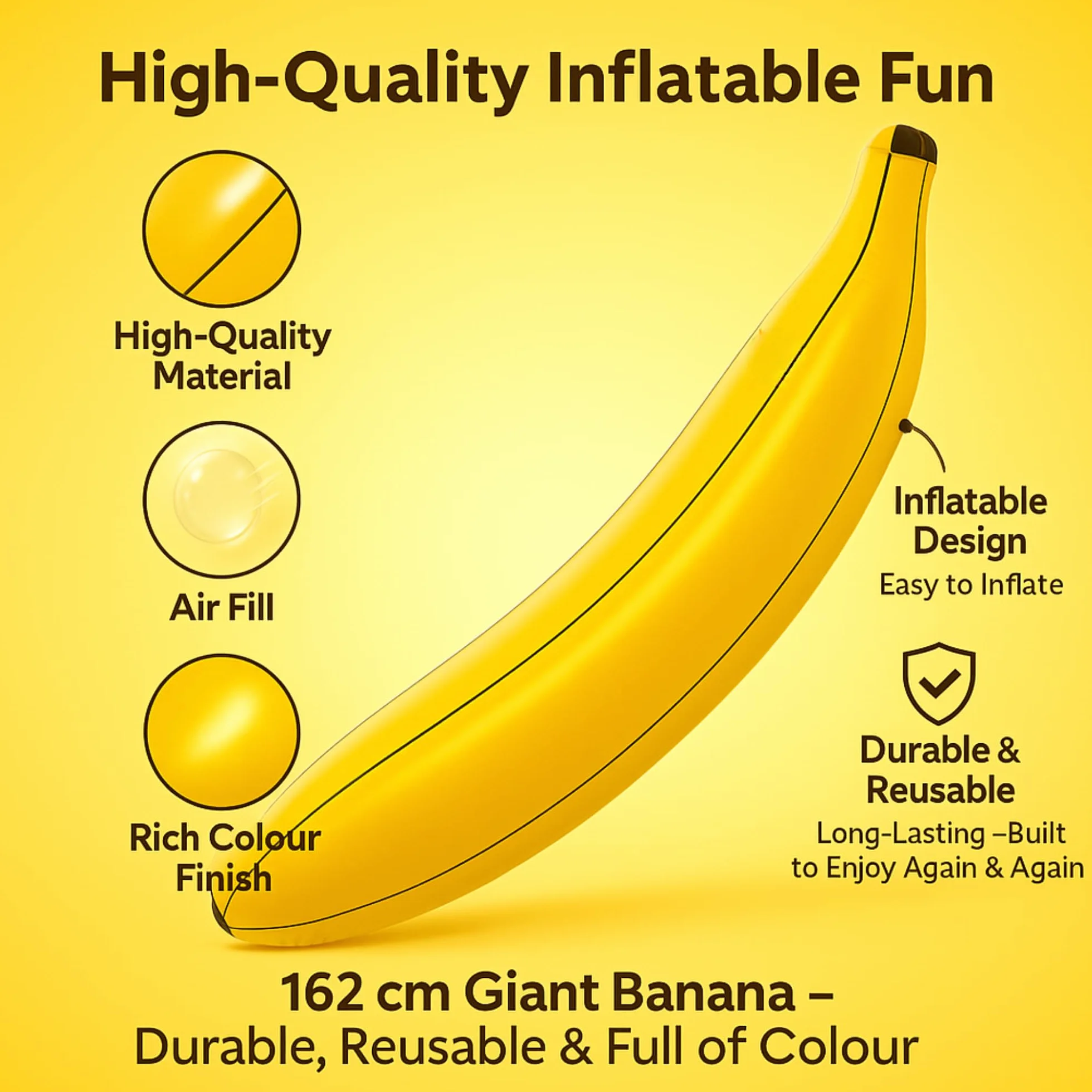 Banana gonfiabile 162 cm - Banana gigante gialla gonfiabile per feste, piscina, addio al nubilato, travestimento, tema giungla, fototessera, eventi estivi e accessori decorativi divertenti per età 16+
