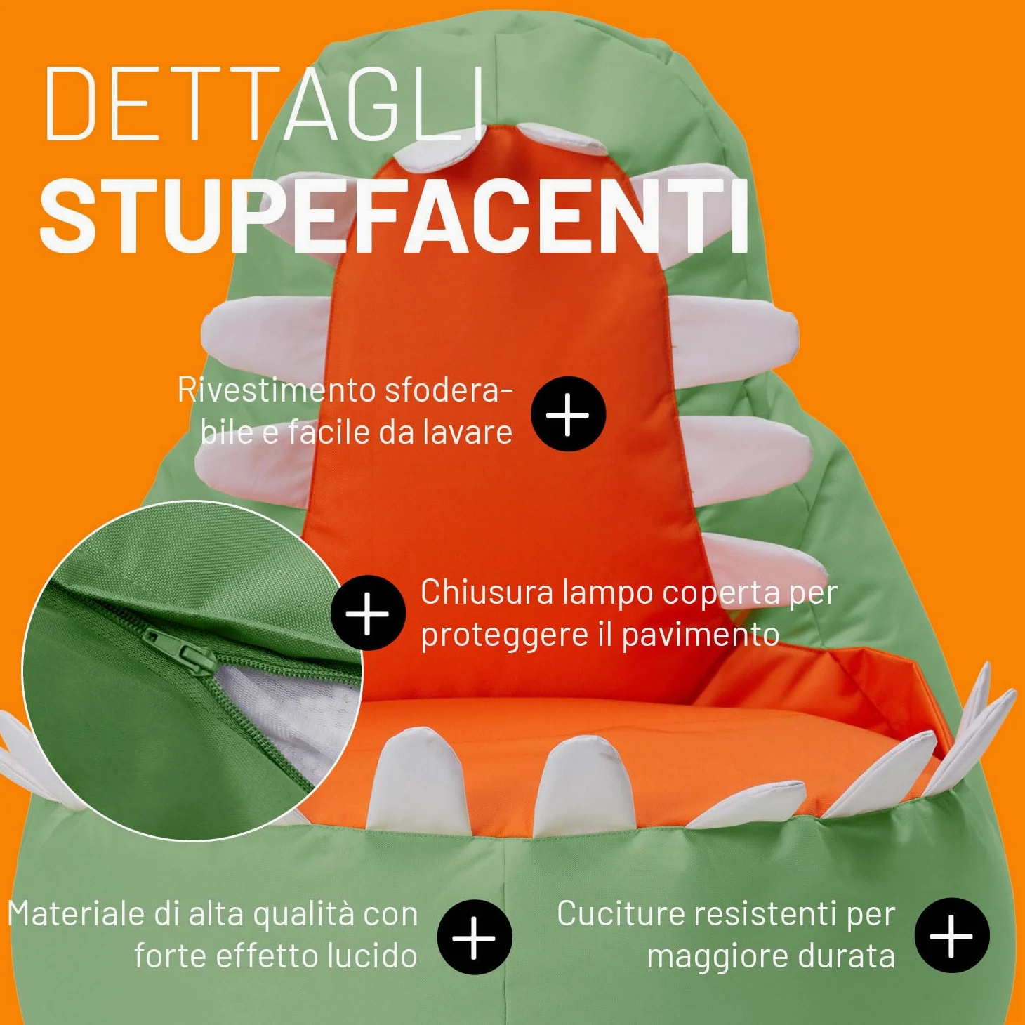 Lumaland Pouf Dino Animal Design | Pouf per interni ed esterni per bambini | Combinabile con gli amici di Animal Line | 90 x 90 x 70 cm [verde]