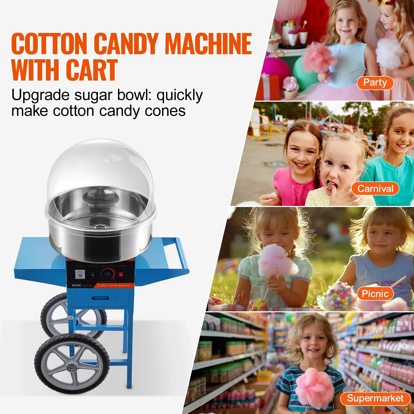VEVOR Zucchero Filato Macchina Elettrica con Carrello, 1000W Commerciale Zucchero Filato con Copertura, Ciotola in Acciaio Inossidabile, Paletta per Zucchero e Cassetto, Compleanno Bambini, Feste di