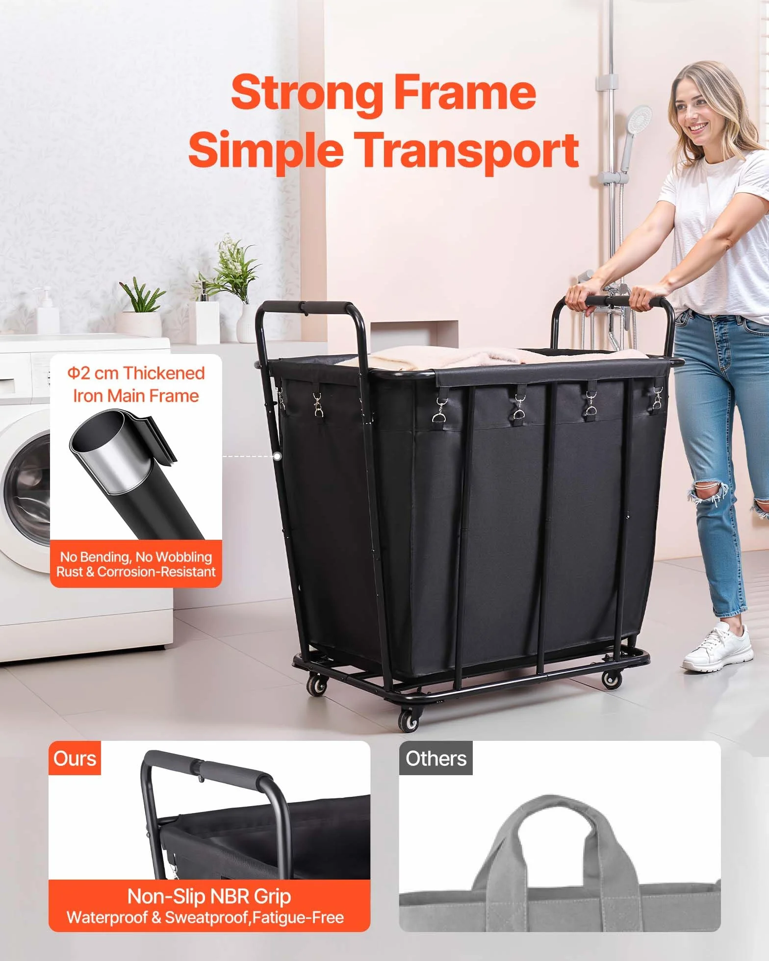 VEVOR Carrello Portabiancheria da 300 Litri con Capacità Carico di 117,9 kg, Ruote Girevoli e Sacco Portabiancheria Impermeabile, Carrello della Spesa in Metello per Bagagli per la Spesa
