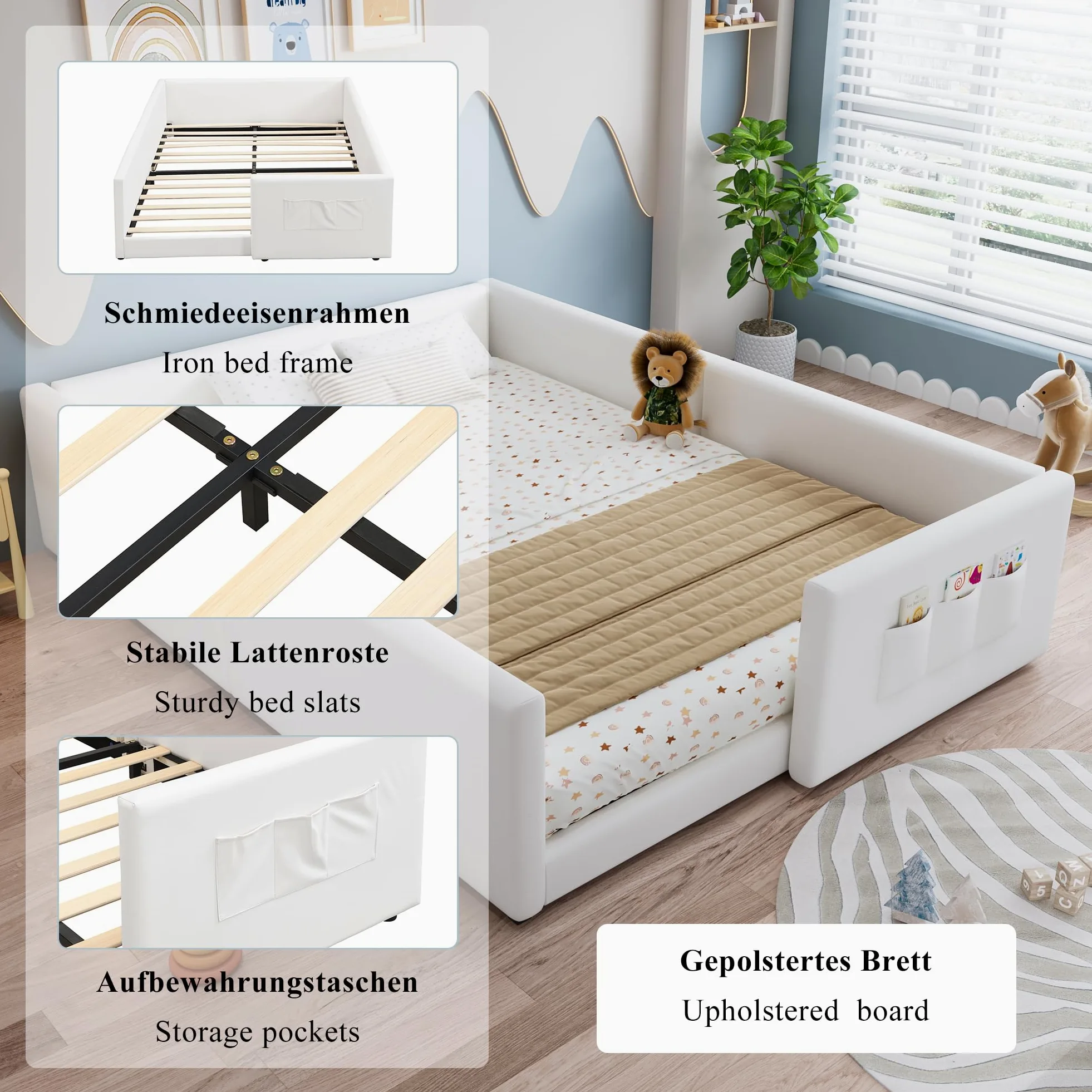 Montessori Letto a Terra per bambini 140 x 200cm, Letto imbottito PU con 3 pratiche tasche portaoggetti, Rete a doghe in Legno, letto Piazza e Mezza per Bambini(senza materasso)