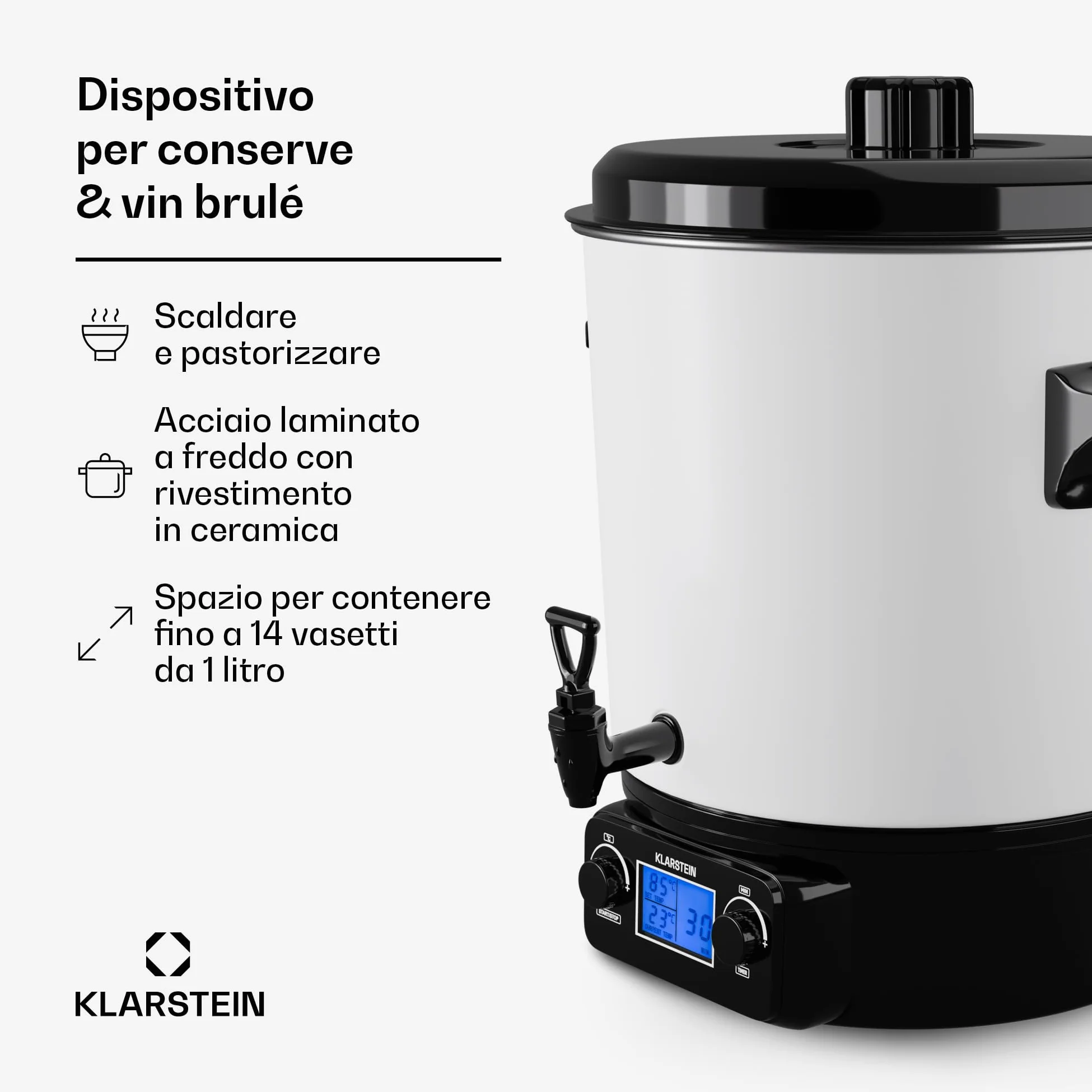 KLARSTEIN Bollitore Vin Brule, Distributore Bevande Calde, Dispenser Termico con Rubinetto 27 Litri, 1800W Acciaio Inossidabile, Thermos Bollitore Acqua Calda e tè, Pentola Bollitore Kit Vin Brulè