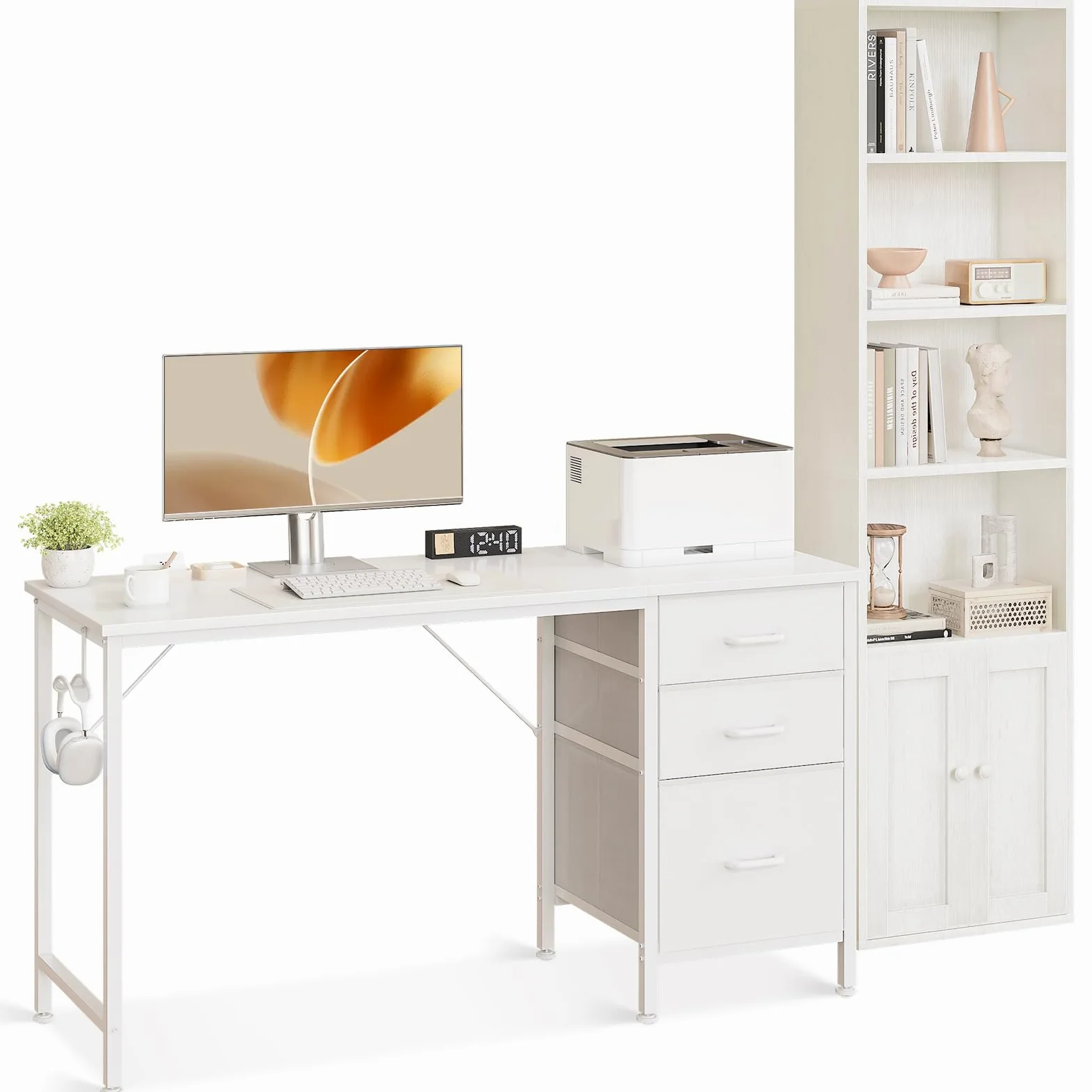 Coleshome Set Mobili Ufficio, Scrivania 120x48cm con 3 Cassetti e Portacuffie & Libreria a 6 Ripiani con Ante 176cm, Set Scrivania e Scaffale Salvaspazio per Casa e Studio, Bianco