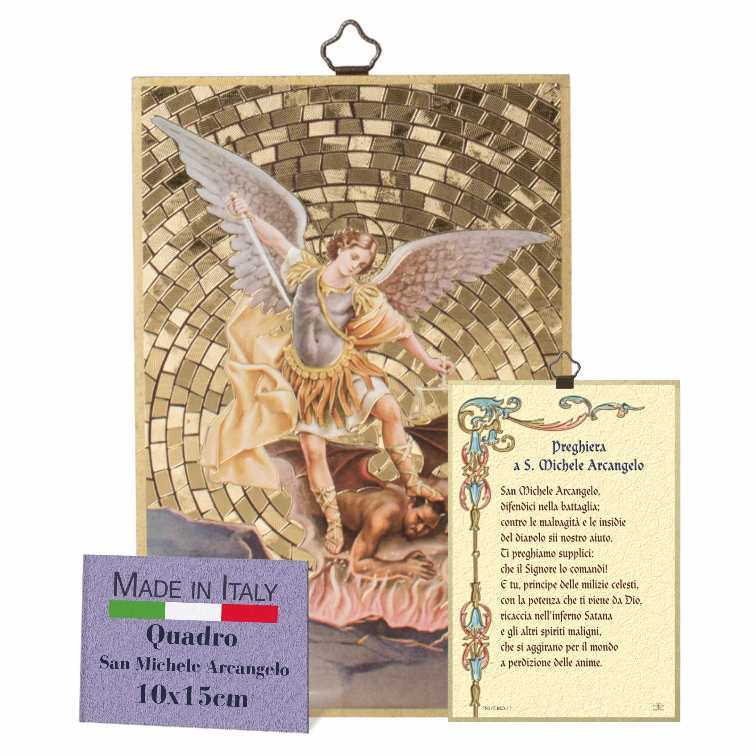 FRATELLI BONELLA - Quadro San Michele Arcangelo e Preghiera Dedicata in Italiano - Quadro Legno in MDF di Pioppo Camera Da Letto 8 mm x 10 cm x 15 cm - Made in Italy