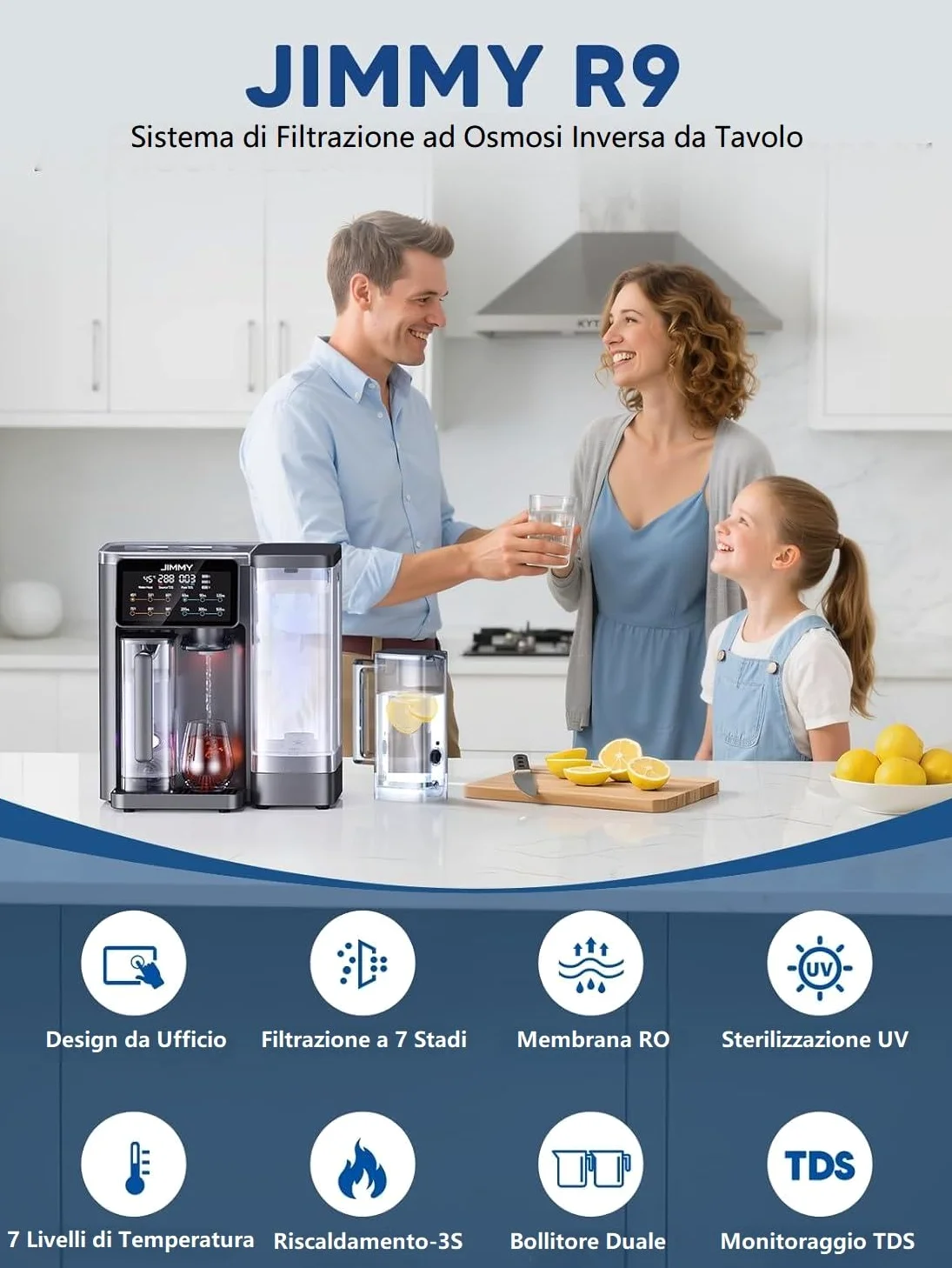 Jimmy R9 Purificatore d'acqua ad osmosi inversa Domestica per Controsoffitto Dispenser Acqua Calda 7 Fasi Filtrazione UV Riscaldamento 3S 7 Temperature Monitor TDS
