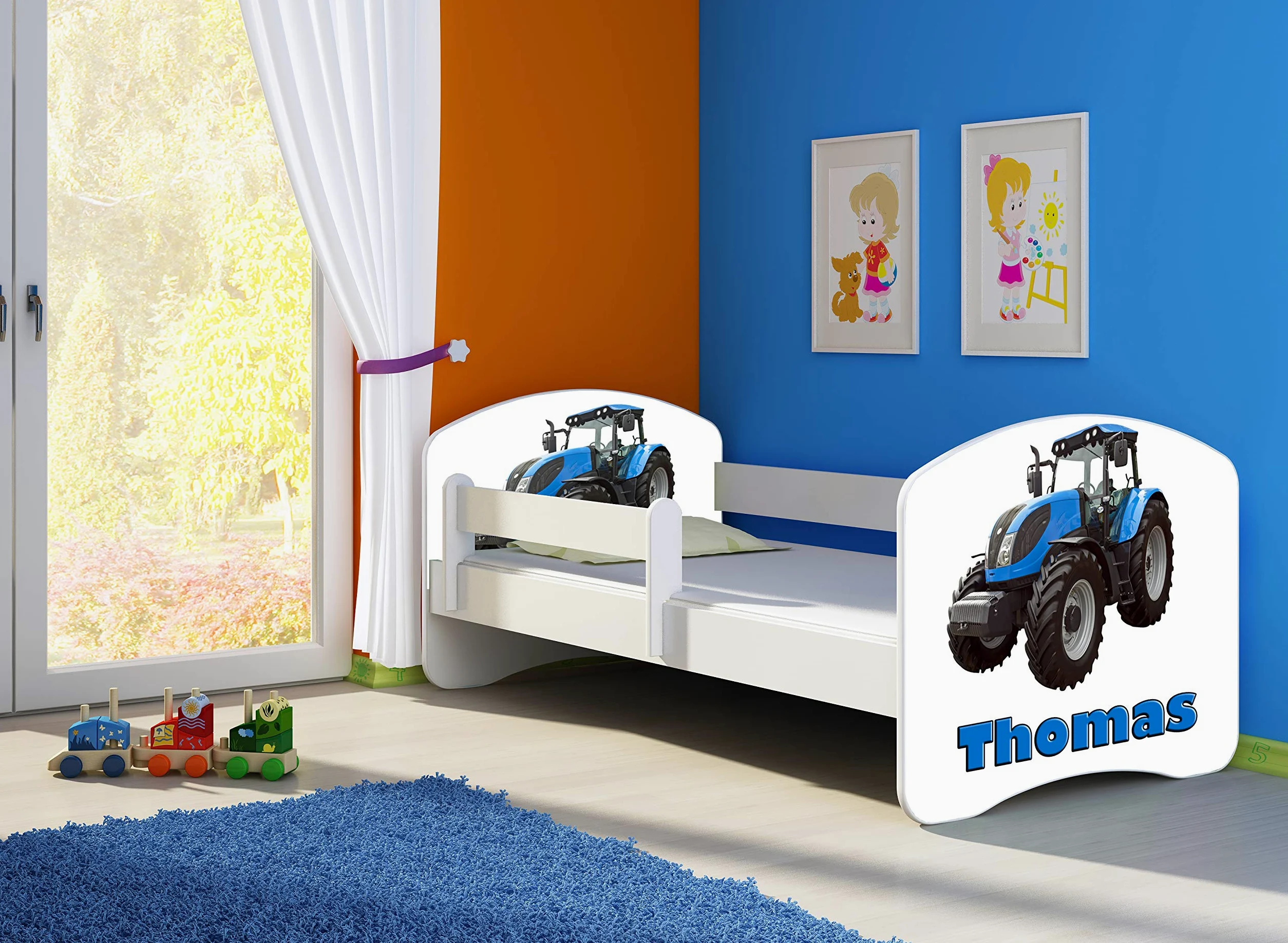 ACMA II Letto per bambino Cameretta per bambino con materasso Rete a doghe, Bianco (42 Trattore, 140x70)