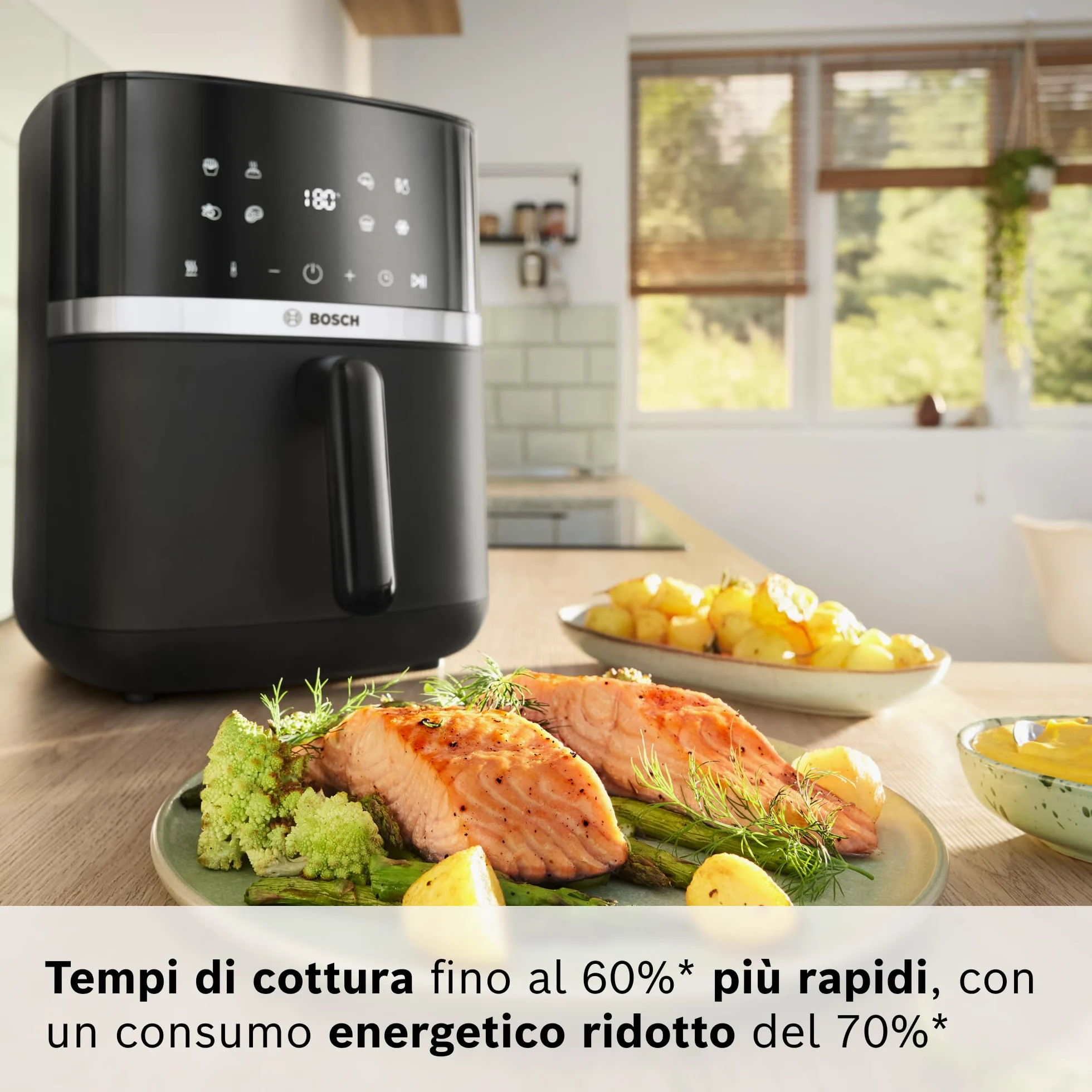 Bosch Serie 4 Friggitrice ad Aria MAF462B0, Air Fryer 6,1 L, 7 Programmi, Doppia Resistenza, Funzioni Defrost e Mantenimento in Caldo, Touchscreen, Cottura fino al 60%* Più Veloce, Nero